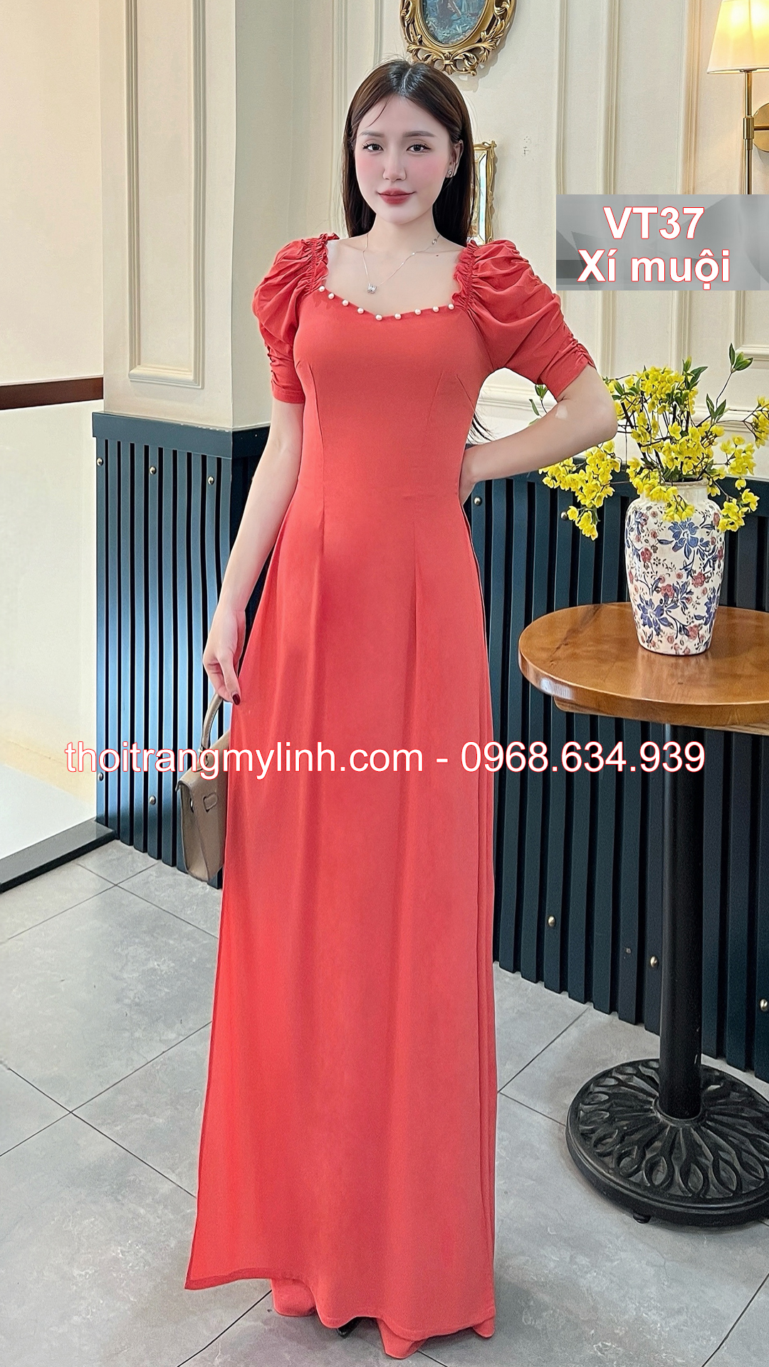 Bộ áo dài cổ tim bầu tay dún màu hồng xí muội