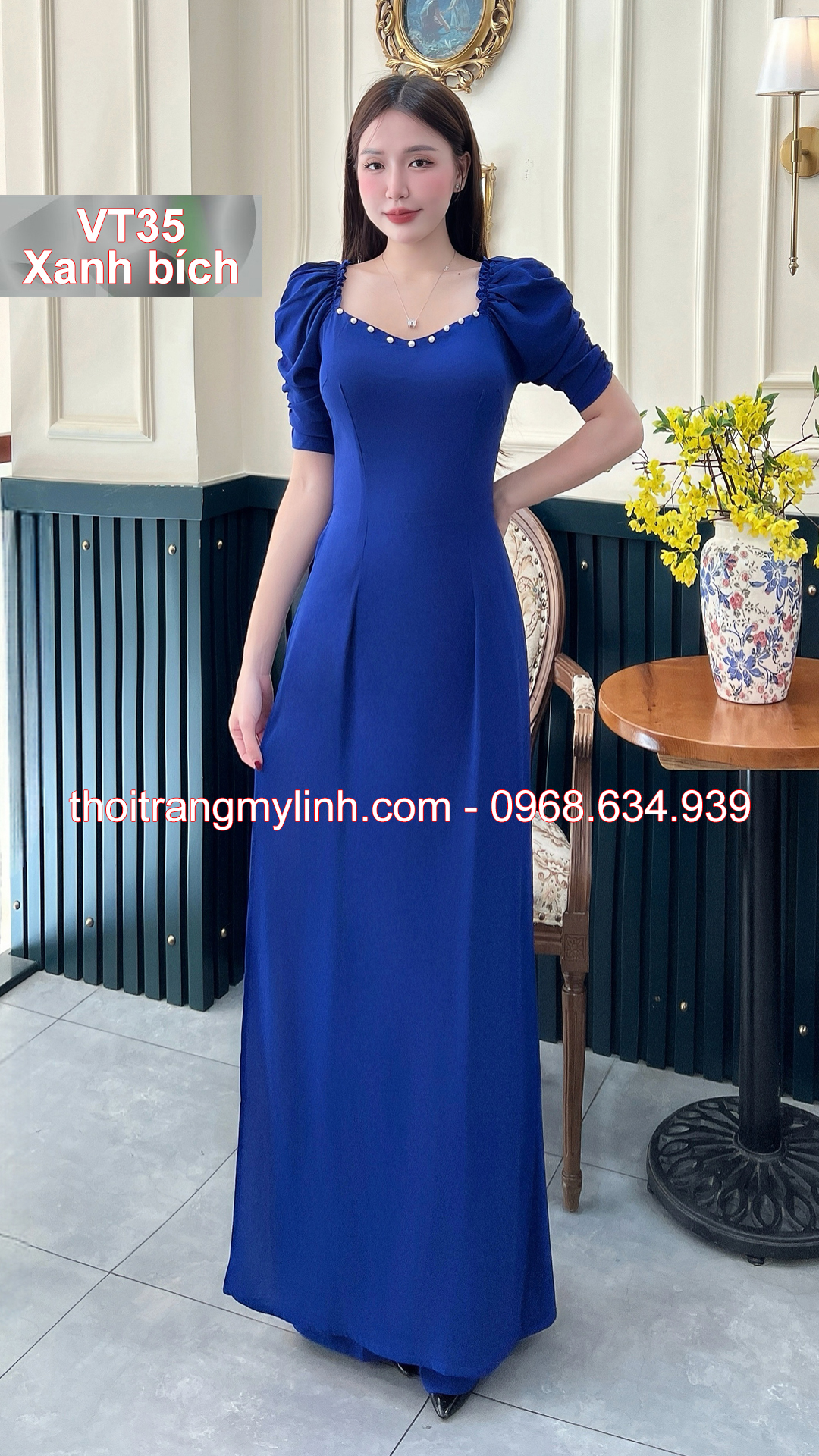 Bộ áo dài cổ tim bầu tay dún màu xanh bích