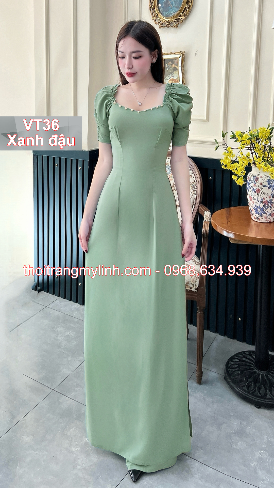 Bộ áo dài cổ tim bầu tay dún màu xanh đậu