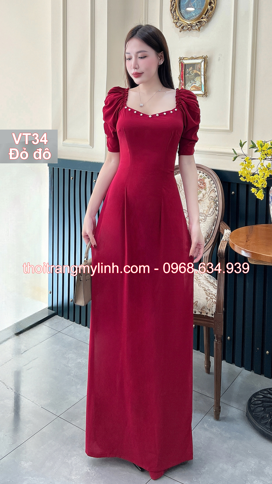 Bộ áo dài cổ tim bầu tay dún màu dỏ đô