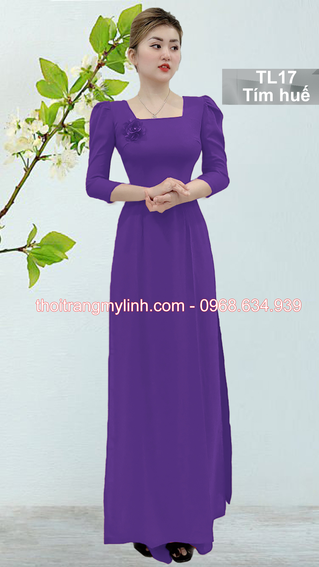Áo cổ vuông tay lỡ, phồng màu tím huế
