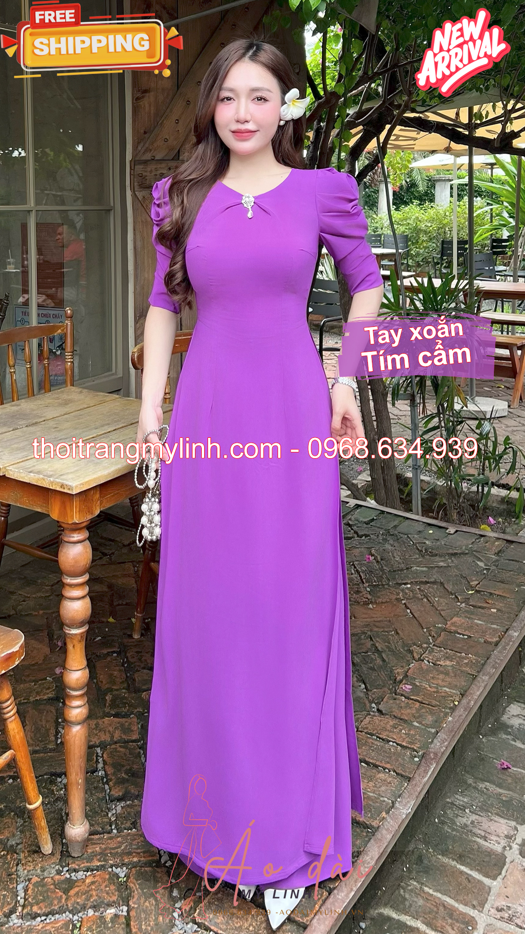 Bộ áo dài cổ tròn đính đã tay xoắn tím cẩm