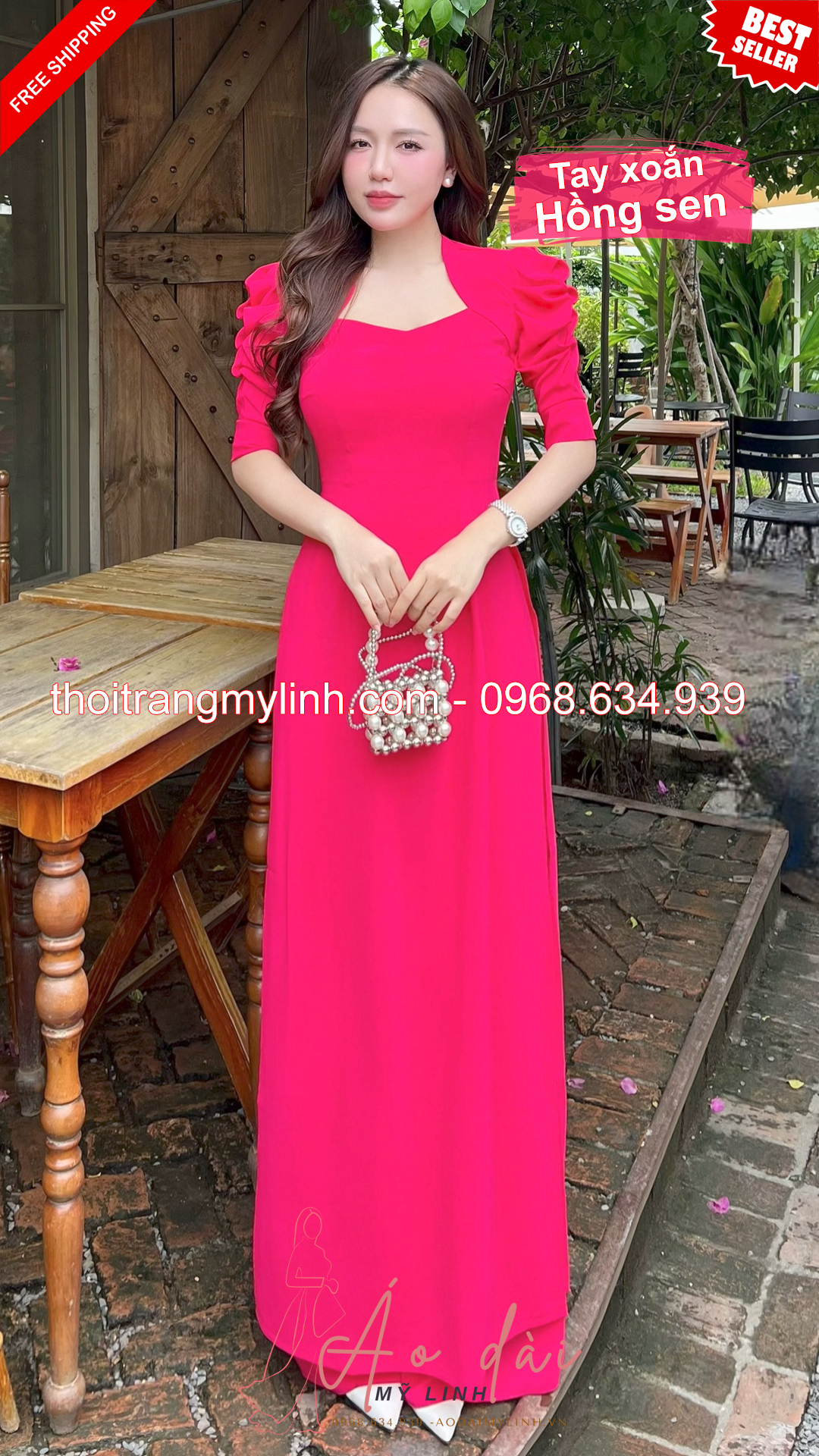 Bộ áo dài cổ nữ hoàng tay xoắn hồng sen