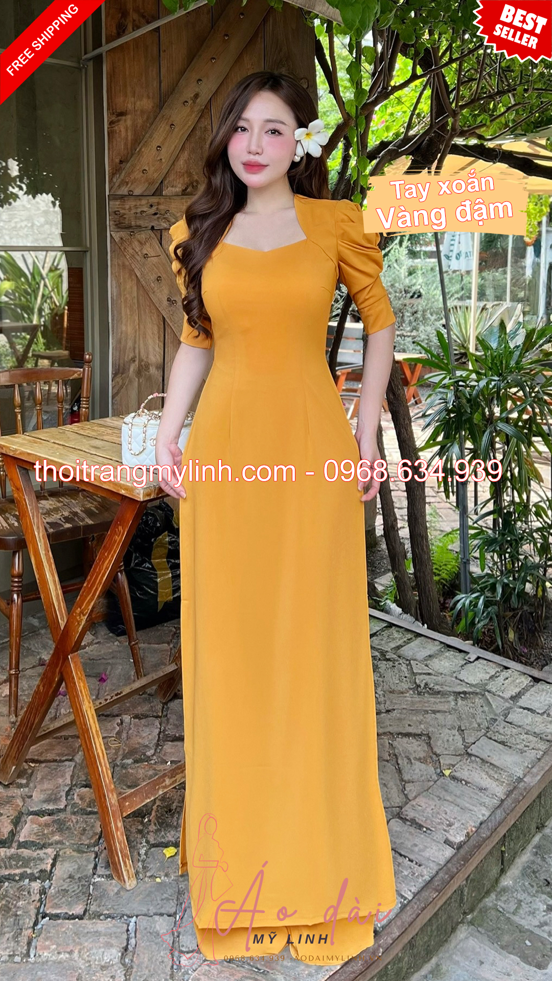 Bộ áo dài cổ nữ hoàng tay xoắn vàng đậm
