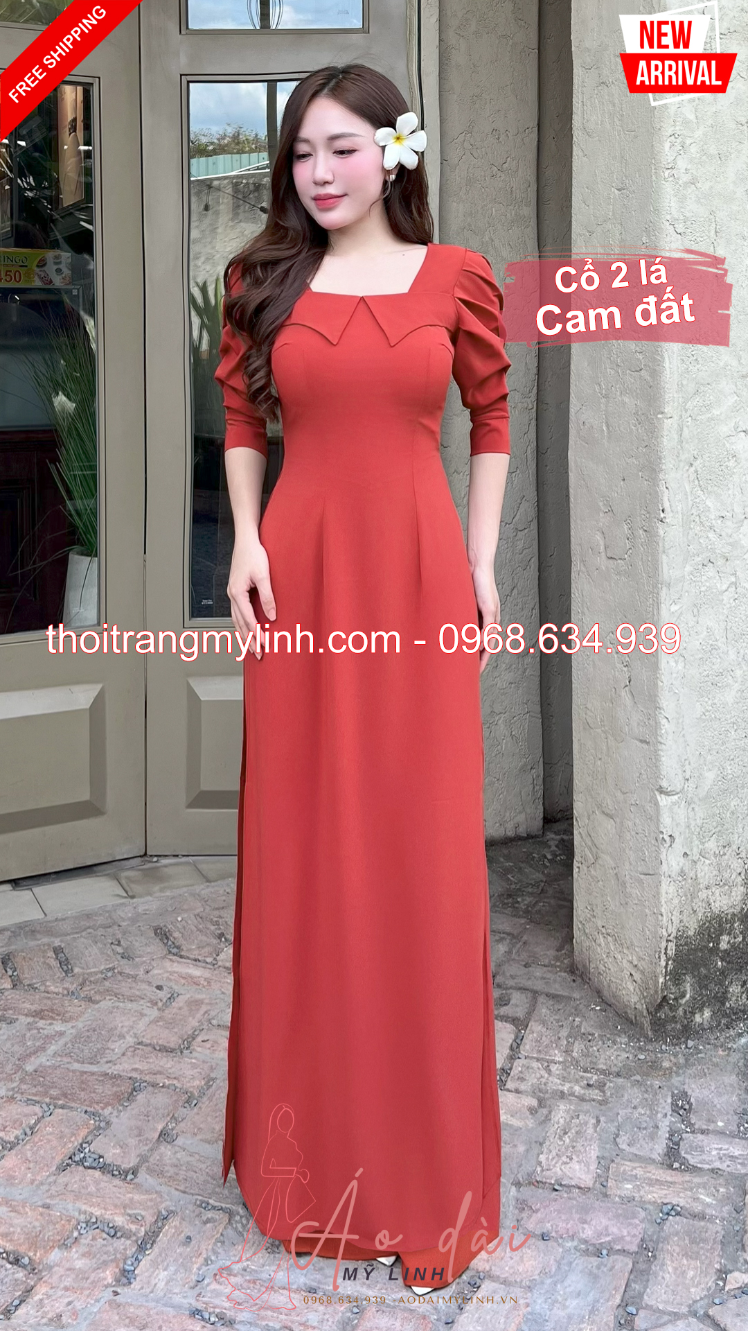 Bộ dài cổ vuông 2 lá bâu tay xếp tầng cam đất