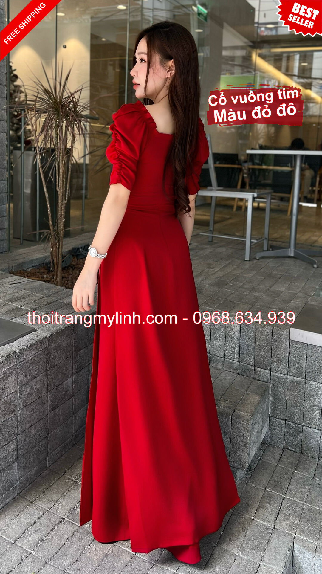 Bộ áo dài cổ tim bầu tay dún màu dỏ đô