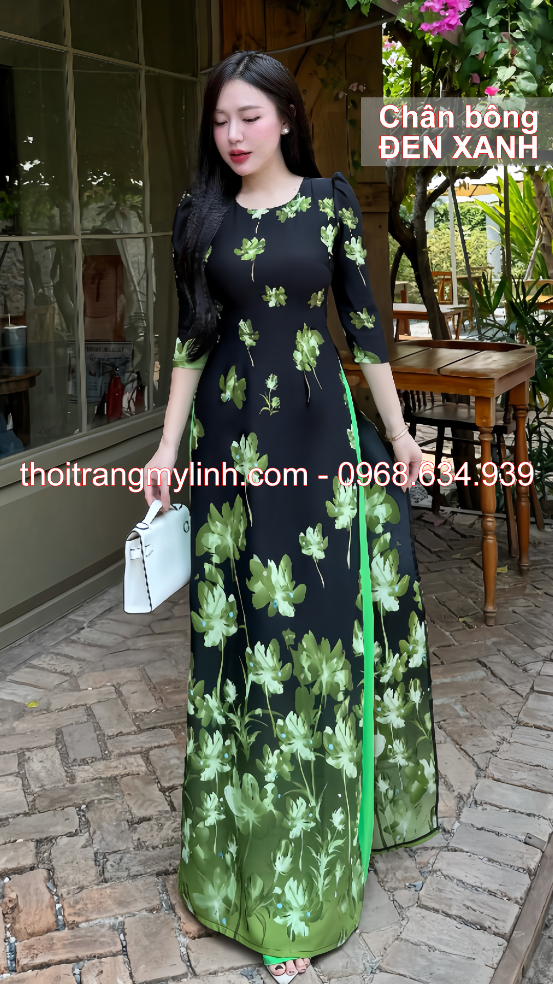 Áo dài cổ tròn họa tiết chân bông đen xanh