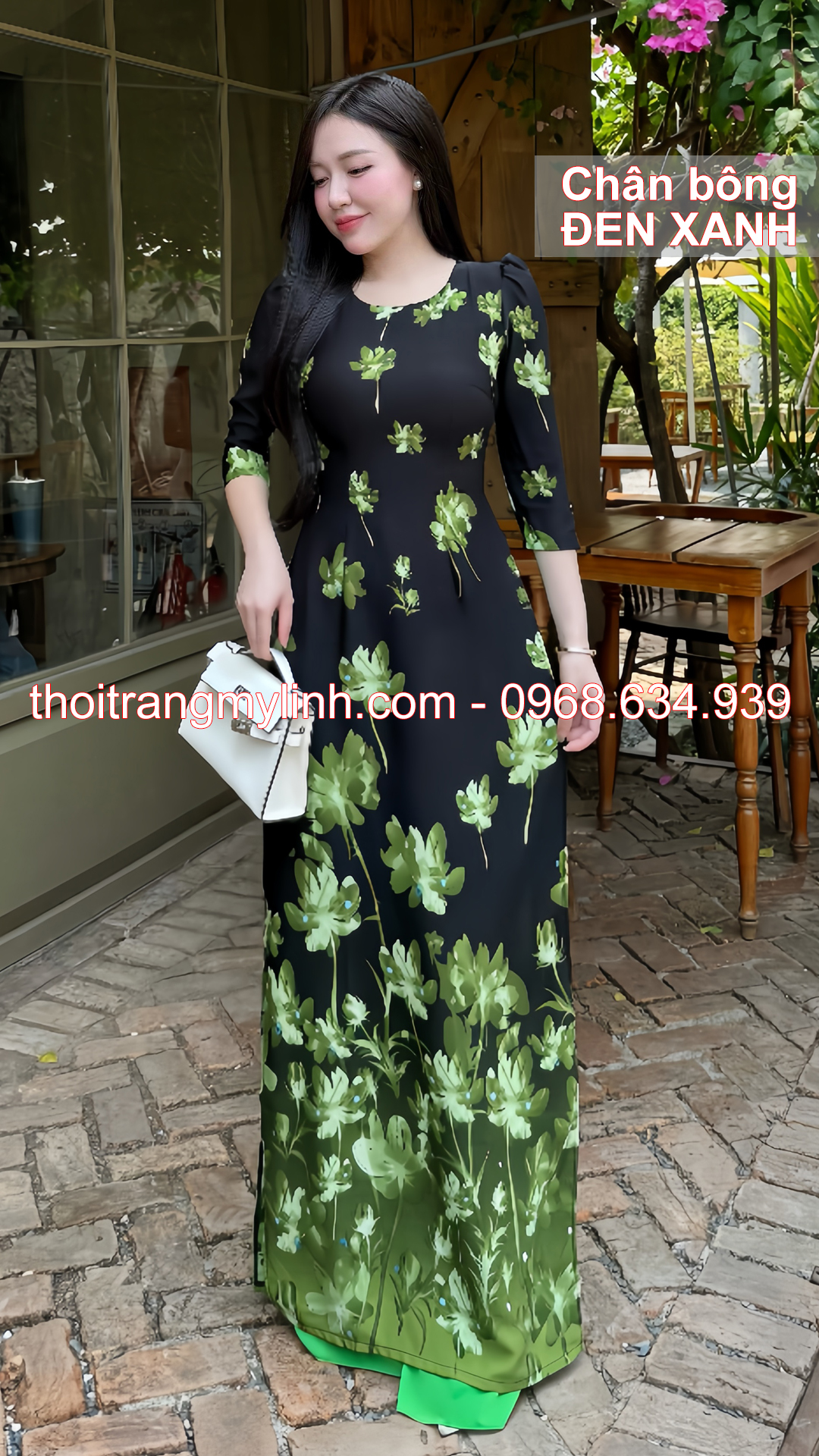 Áo dài cổ tròn họa tiết chân bông đen xanh