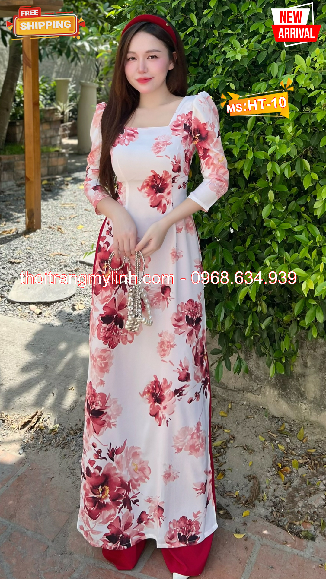 Áo dài họa tiết bông đỏ đô nền trẵng HT10