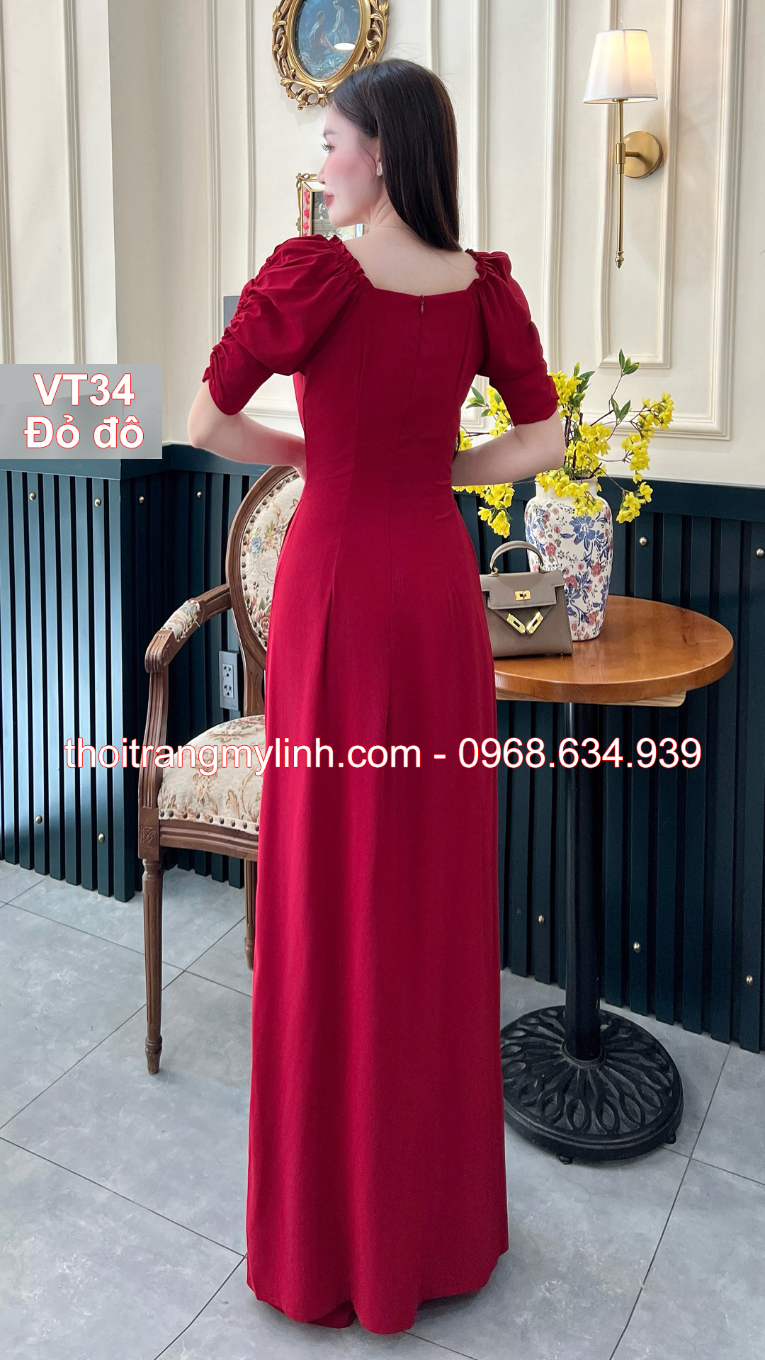 Bộ áo dài cổ tim bầu tay dún màu dỏ đô