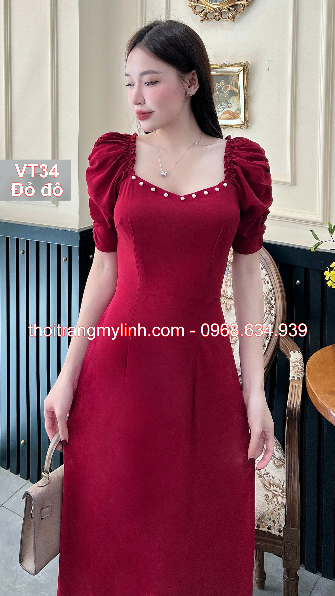 Bộ áo dài cổ tim bầu tay dún màu dỏ đô