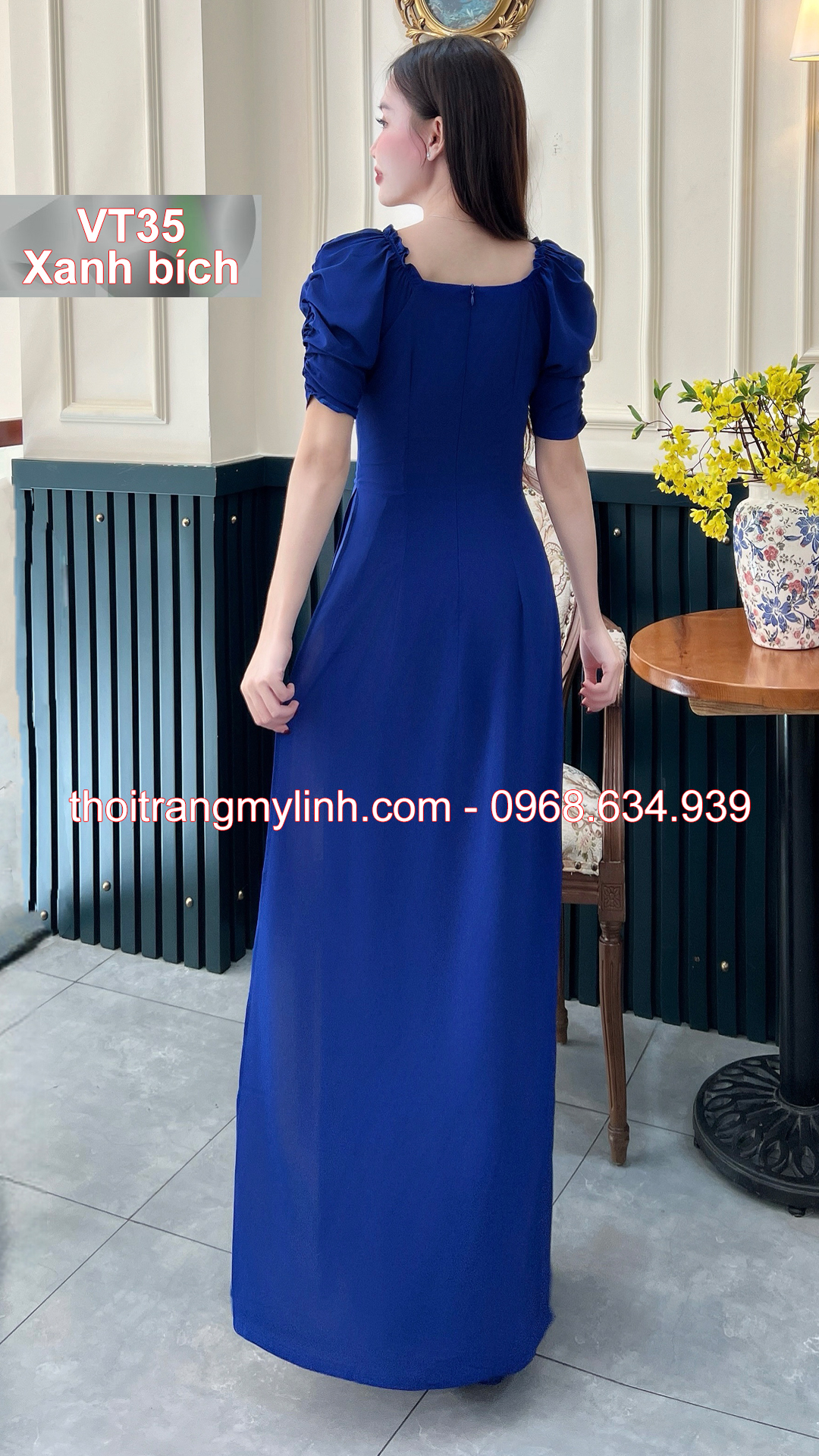 Bộ áo dài cổ tim bầu tay dún màu xanh bích	