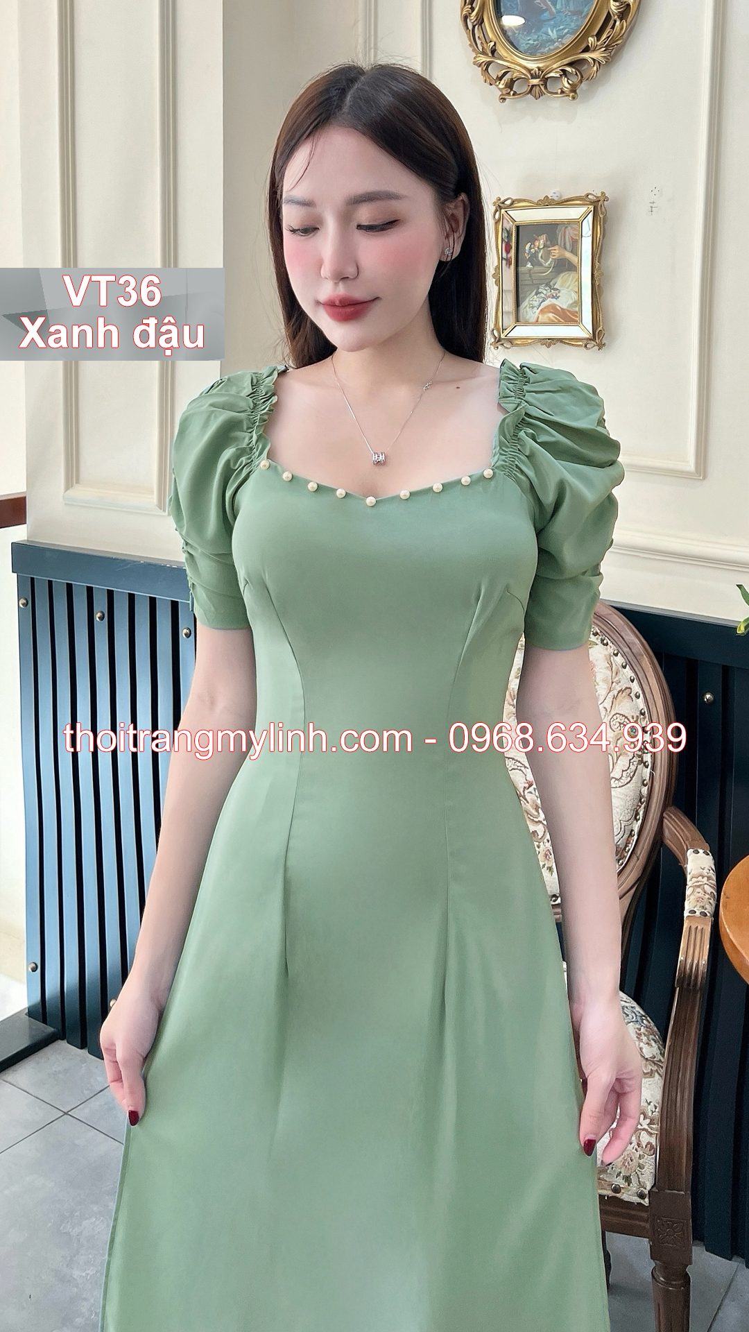 Bộ áo dài cổ tim bầu tay dún màu xanh đậu