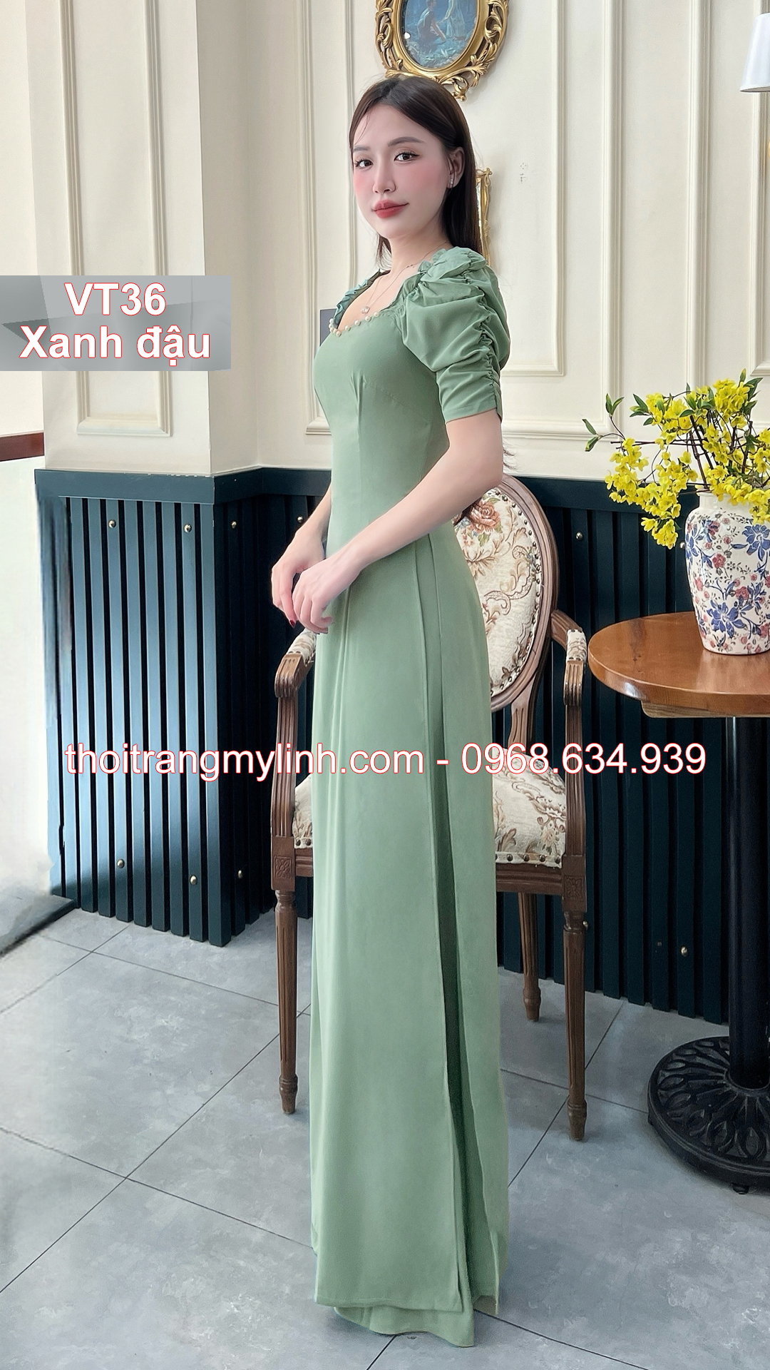 Bộ áo dài cổ tim bầu tay dún màu xanh đậu