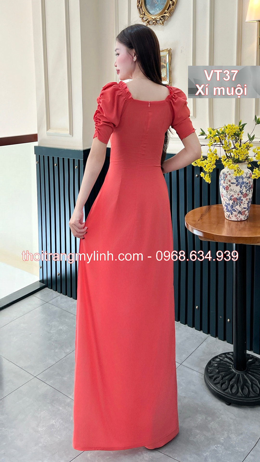 Bộ áo dài cổ tim bầu tay dún màu hồng xí muội	
