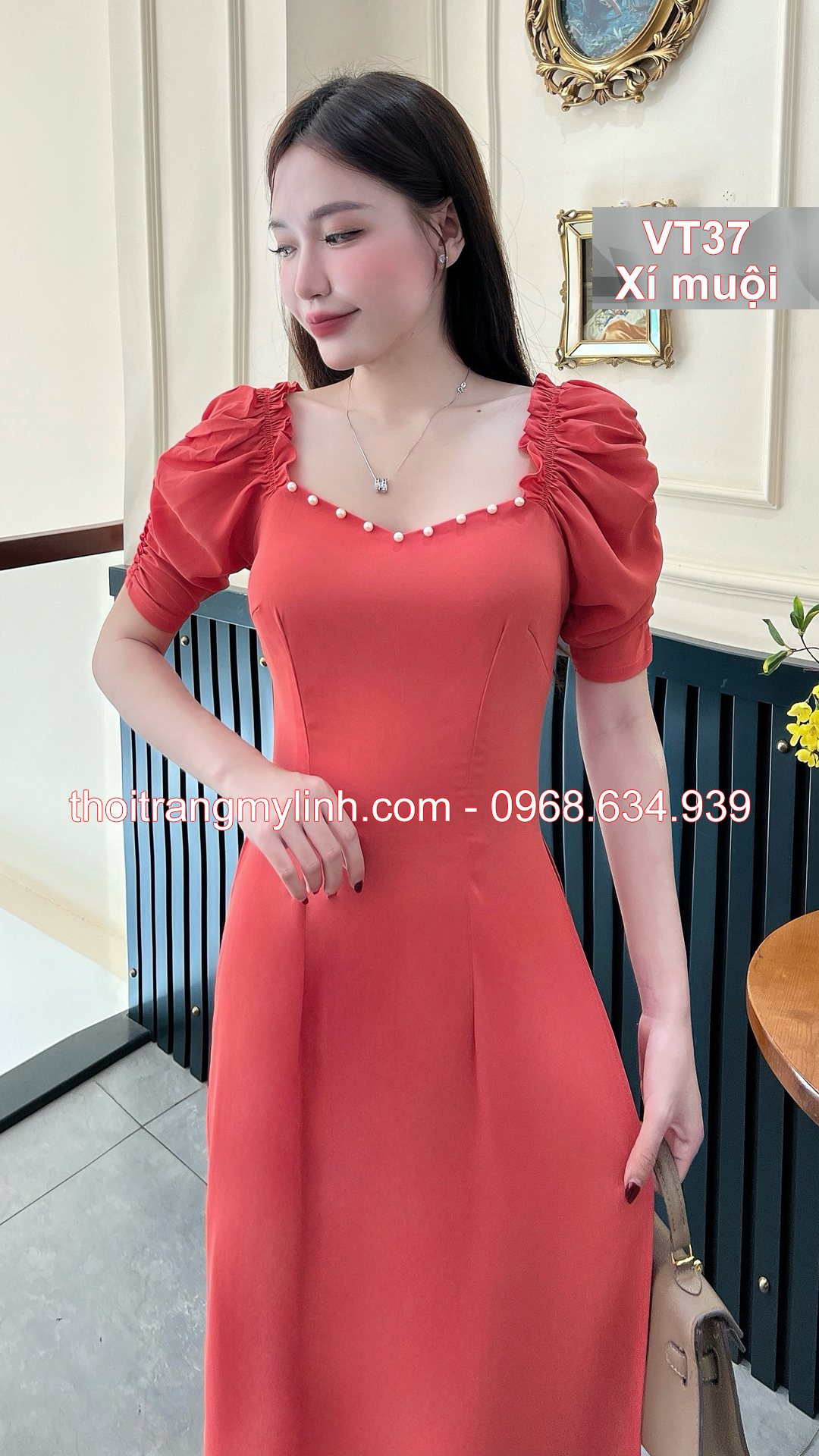 Bộ áo dài cổ tim bầu tay dún màu hồng xí muội	