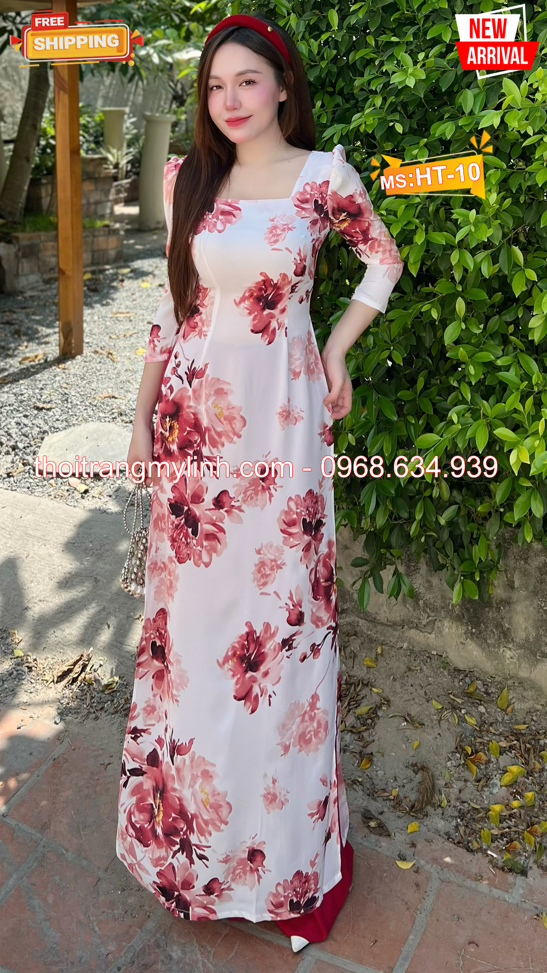 Áo dài họa tiết bông đỏ đô nền trẵng HT10