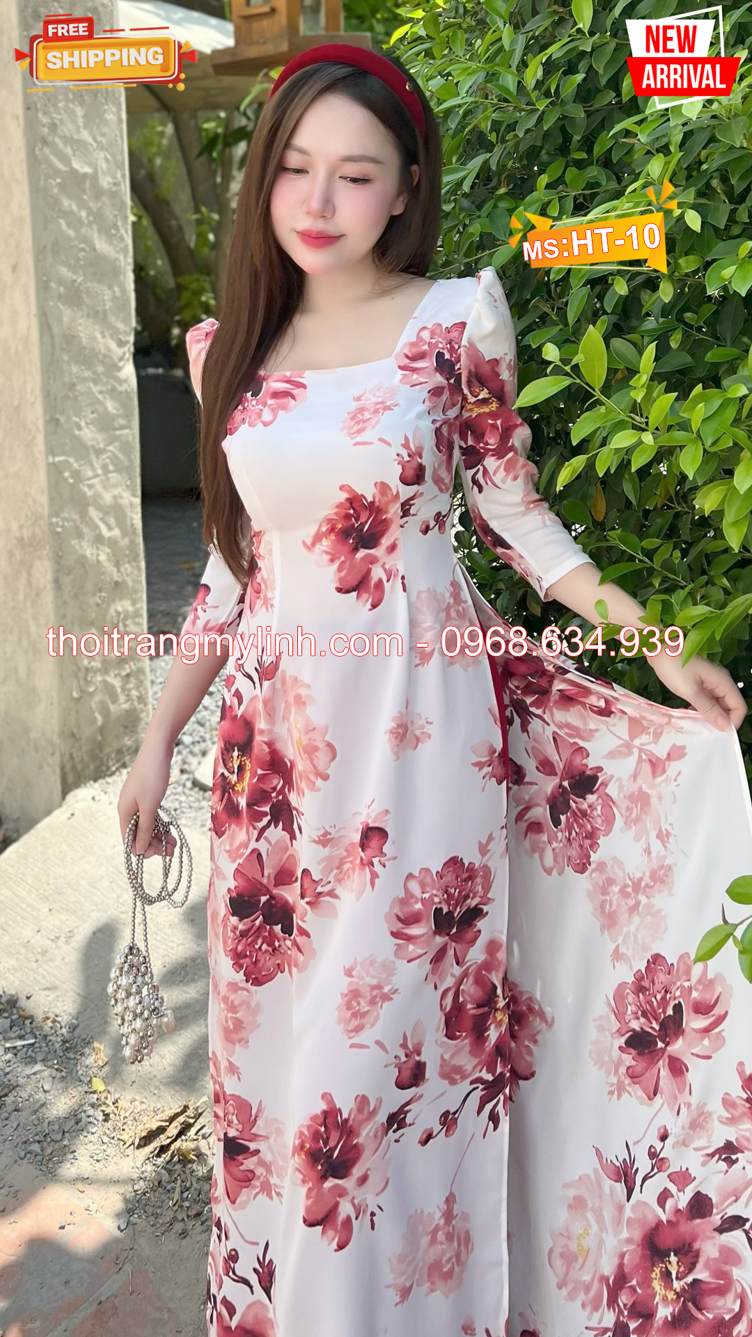 Áo dài họa tiết bông đỏ đô nền trẵng HT10