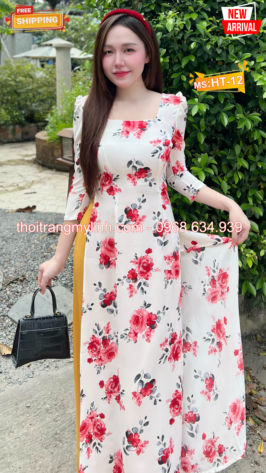 Áo dài họa tiết bông đỏ tươi nền trắng HT12