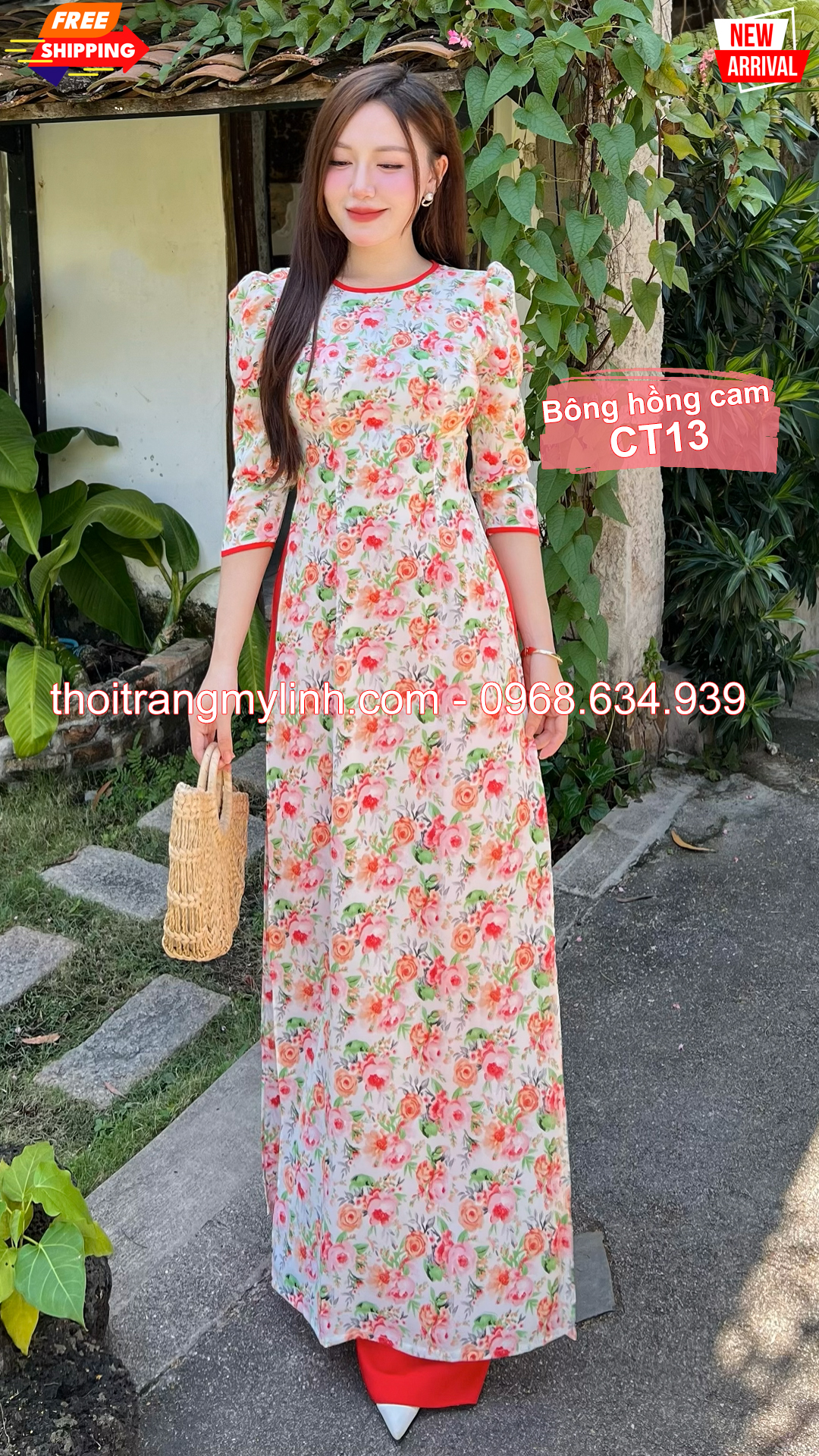 Áo dài cổ tròn họa tiết bông màu cam CT13