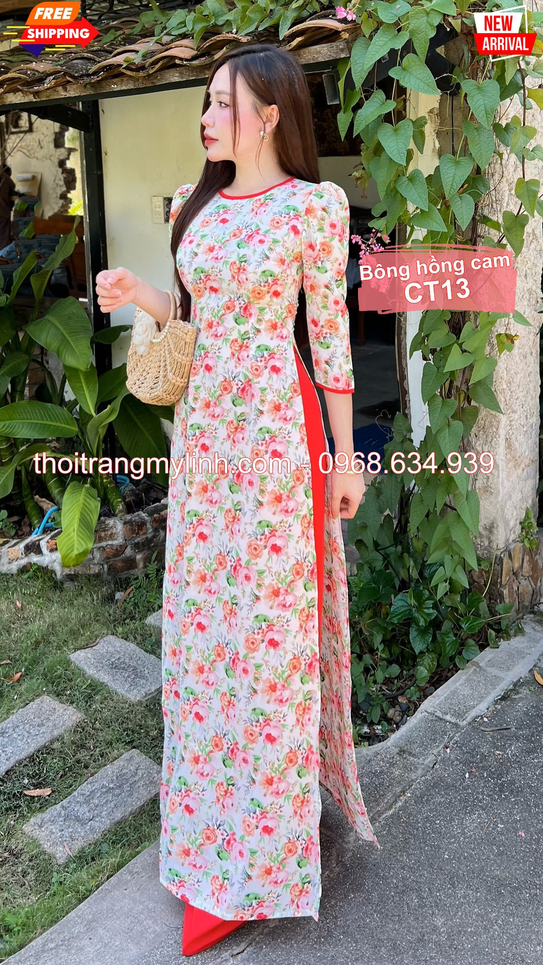 Áo dài cổ tròn họa tiết bông màu cam CT13