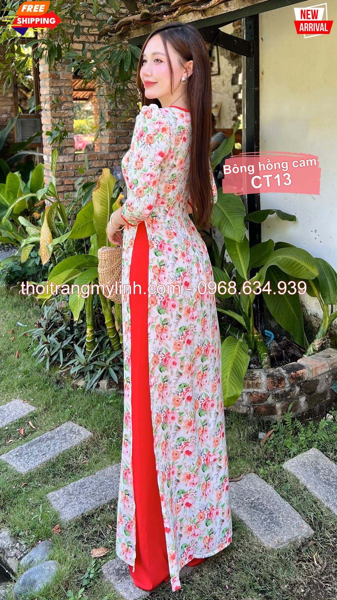 Áo dài cổ tròn họa tiết bông màu cam CT13