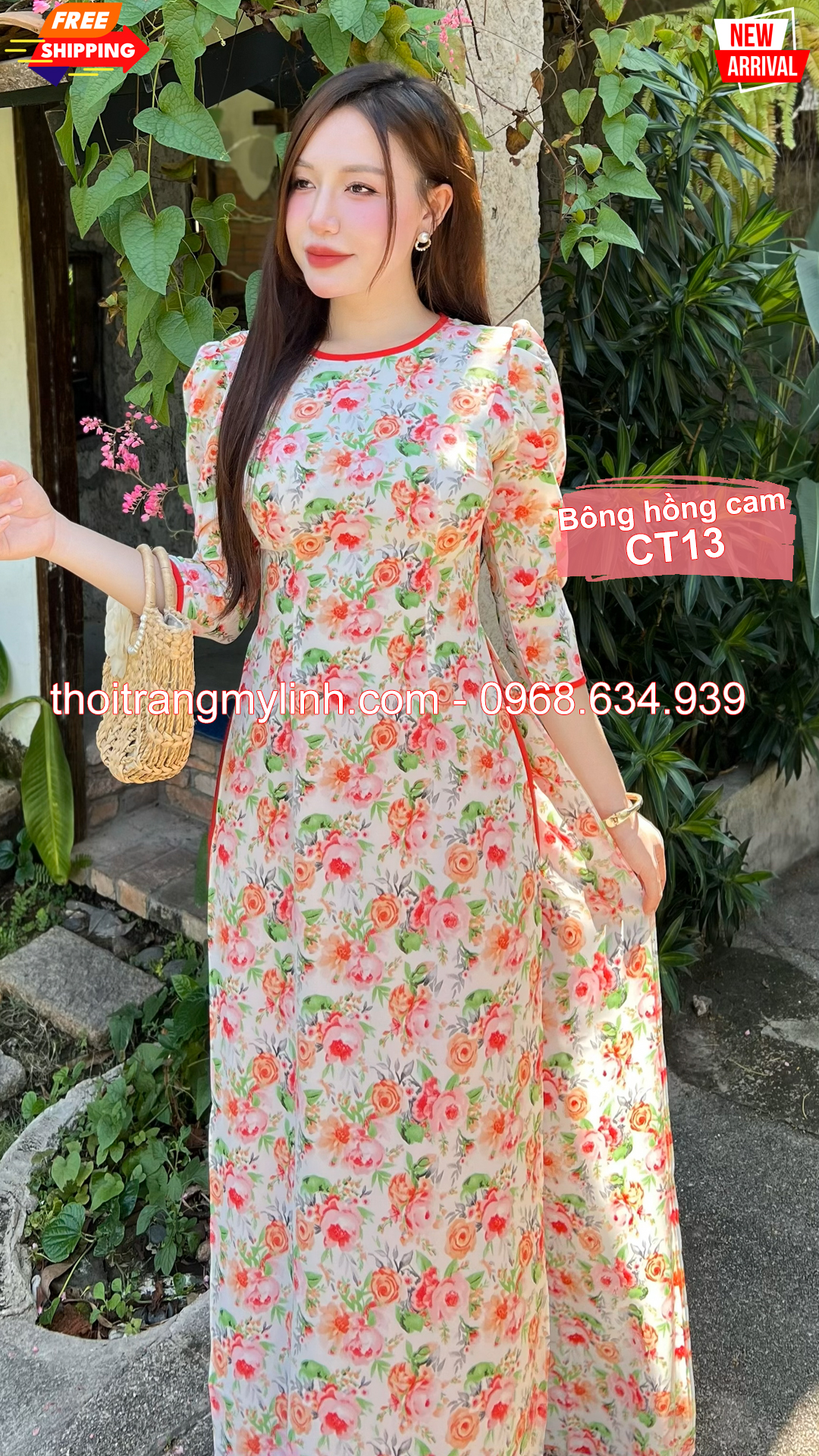 Áo dài cổ tròn họa tiết bông màu cam CT13