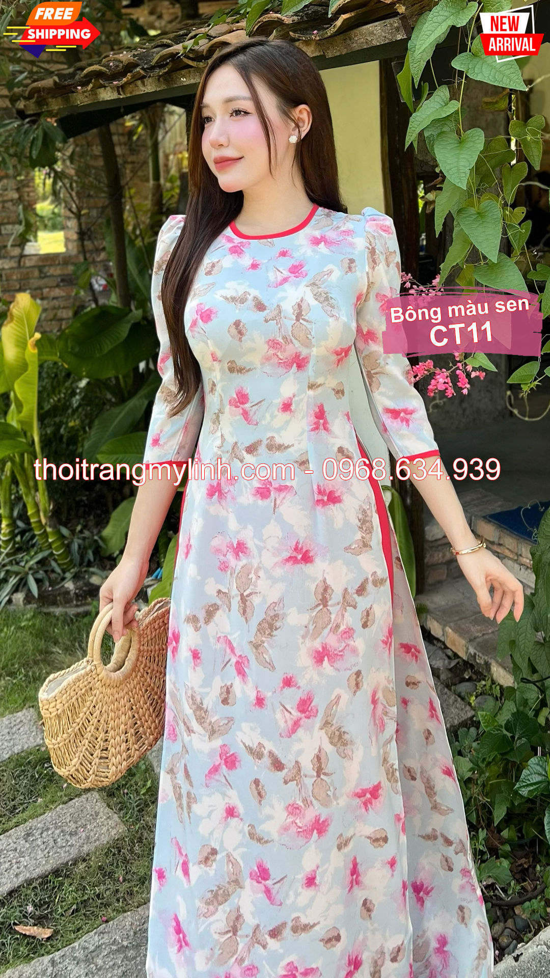 Áo dài cổ tròn họa tiết bông màu sen CT11