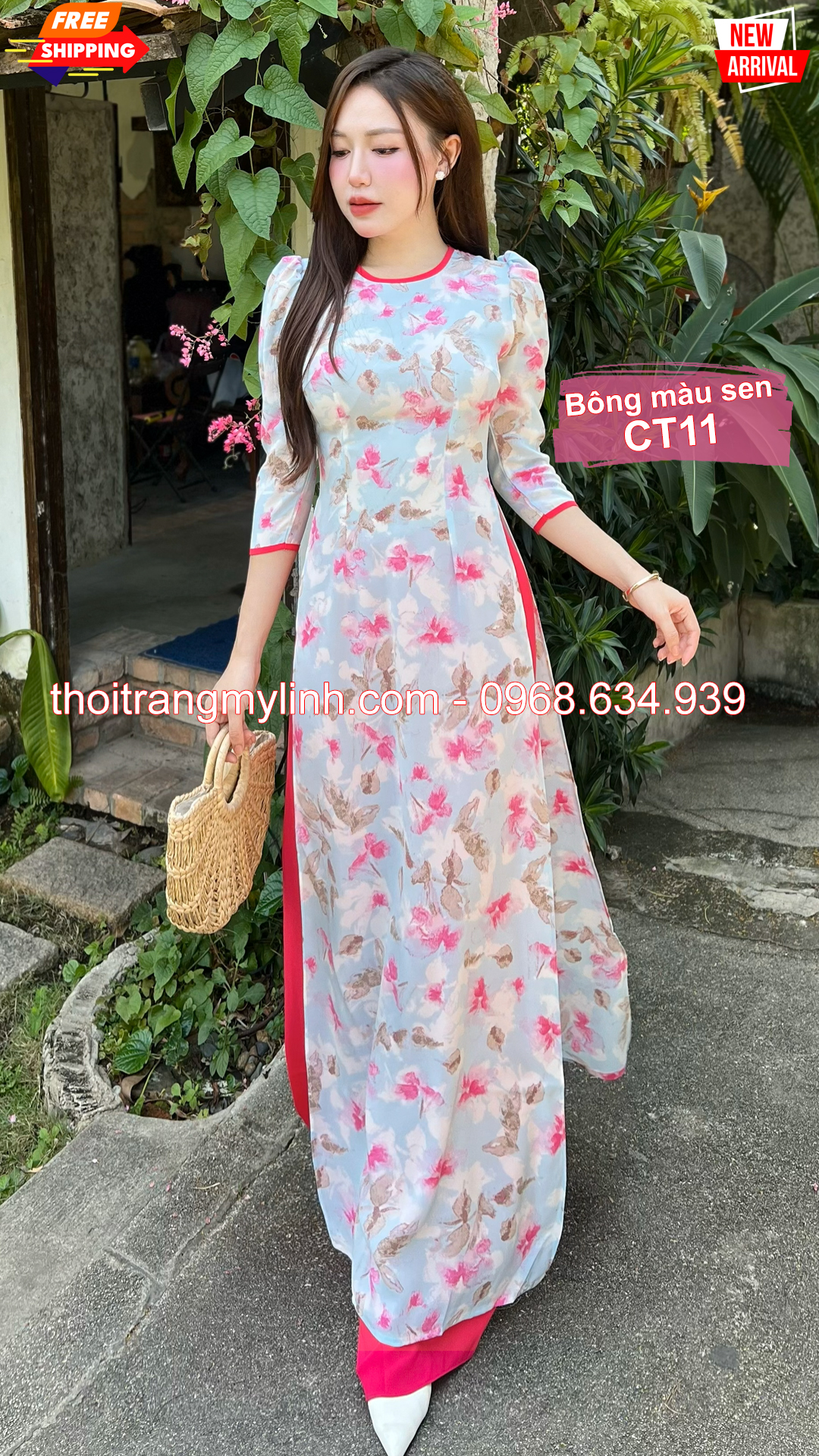 Áo dài cổ tròn họa tiết bông màu sen CT11