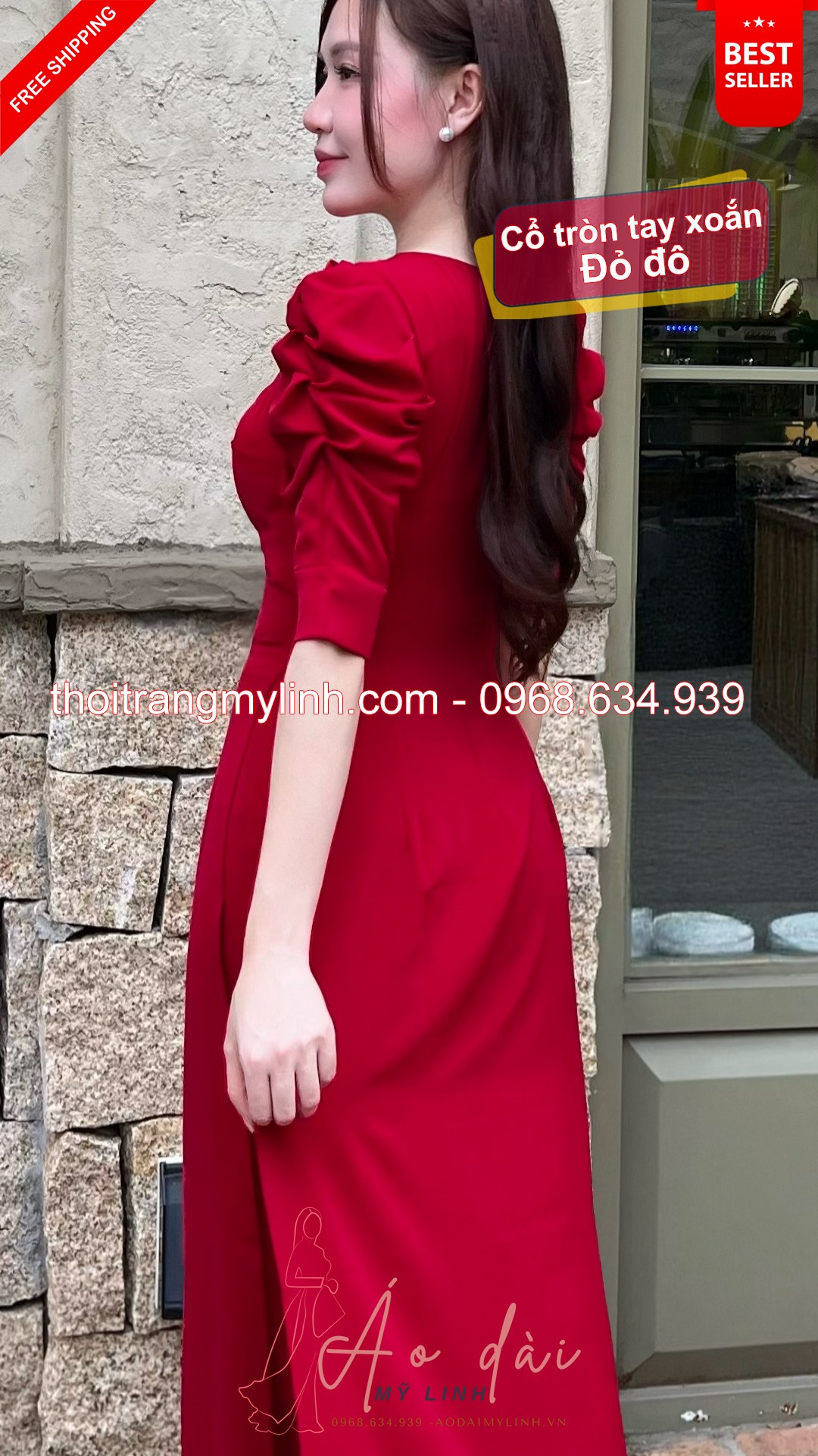 Bộ áo dài cổ tròn xếp li đính đá tay xoắn đỏ đô