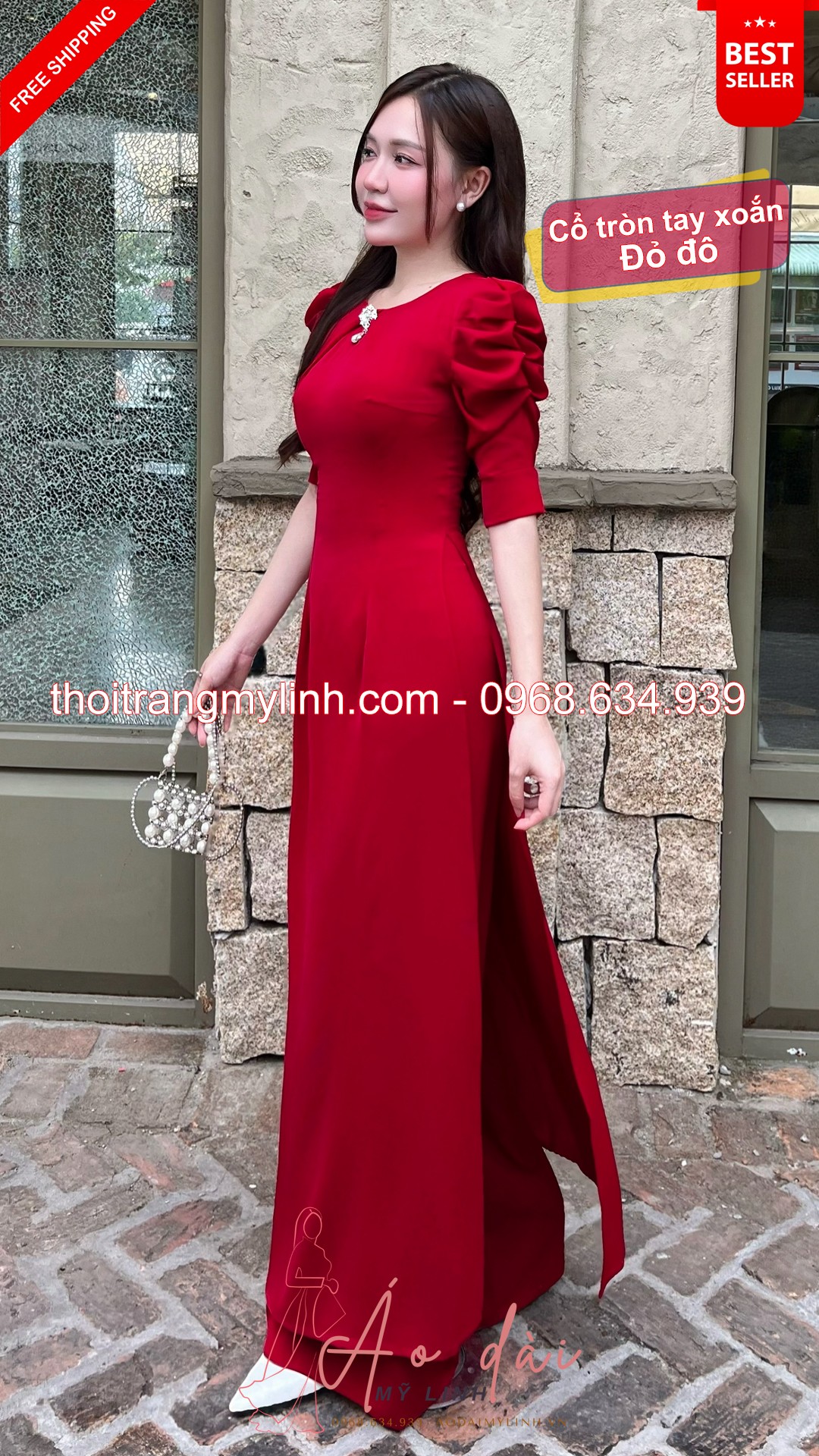 Bộ áo dài cổ tròn xếp li đính đá tay xoắn đỏ đô