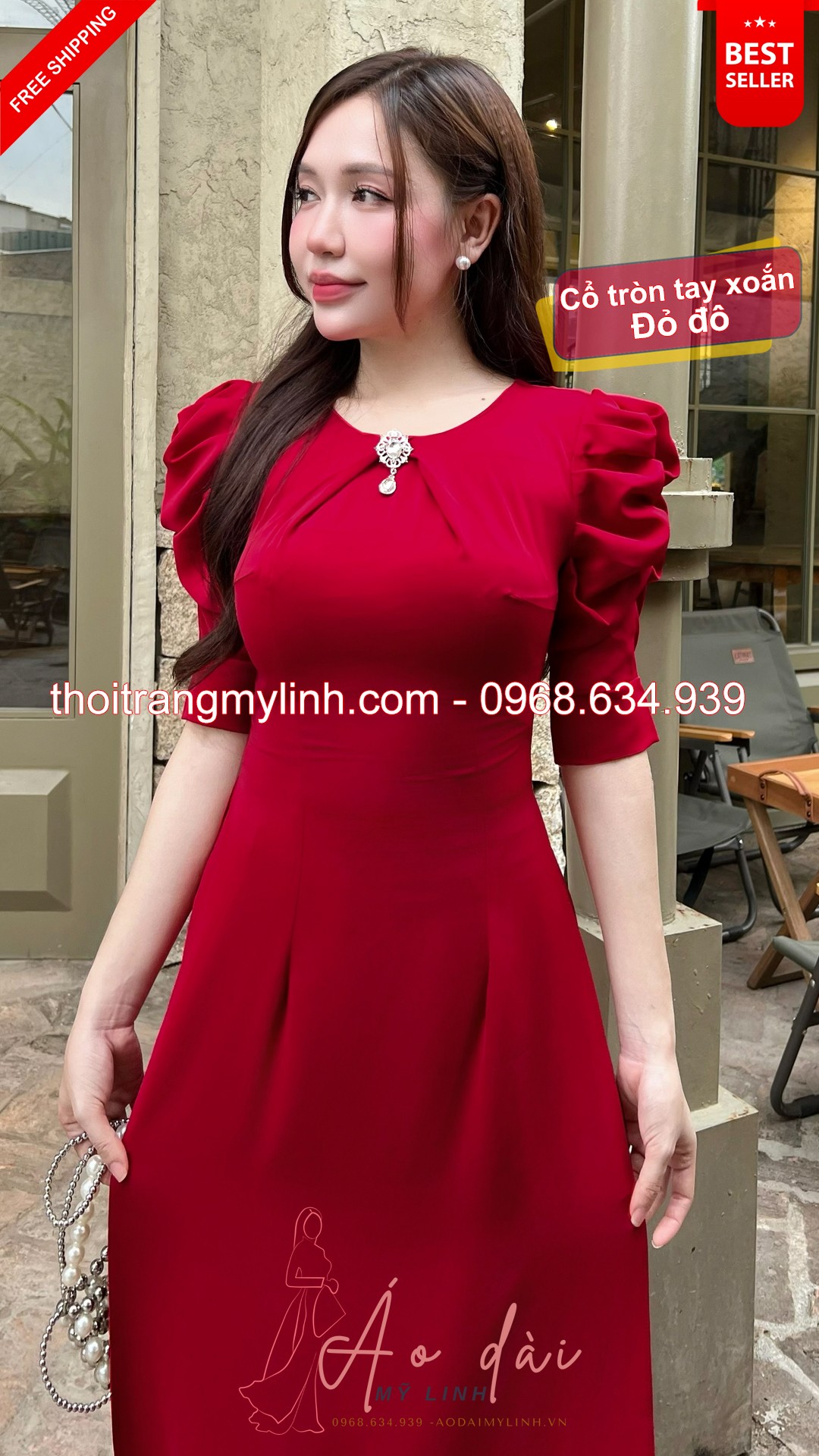 Bộ áo dài cổ tròn xếp li đính đá tay xoắn đỏ đô