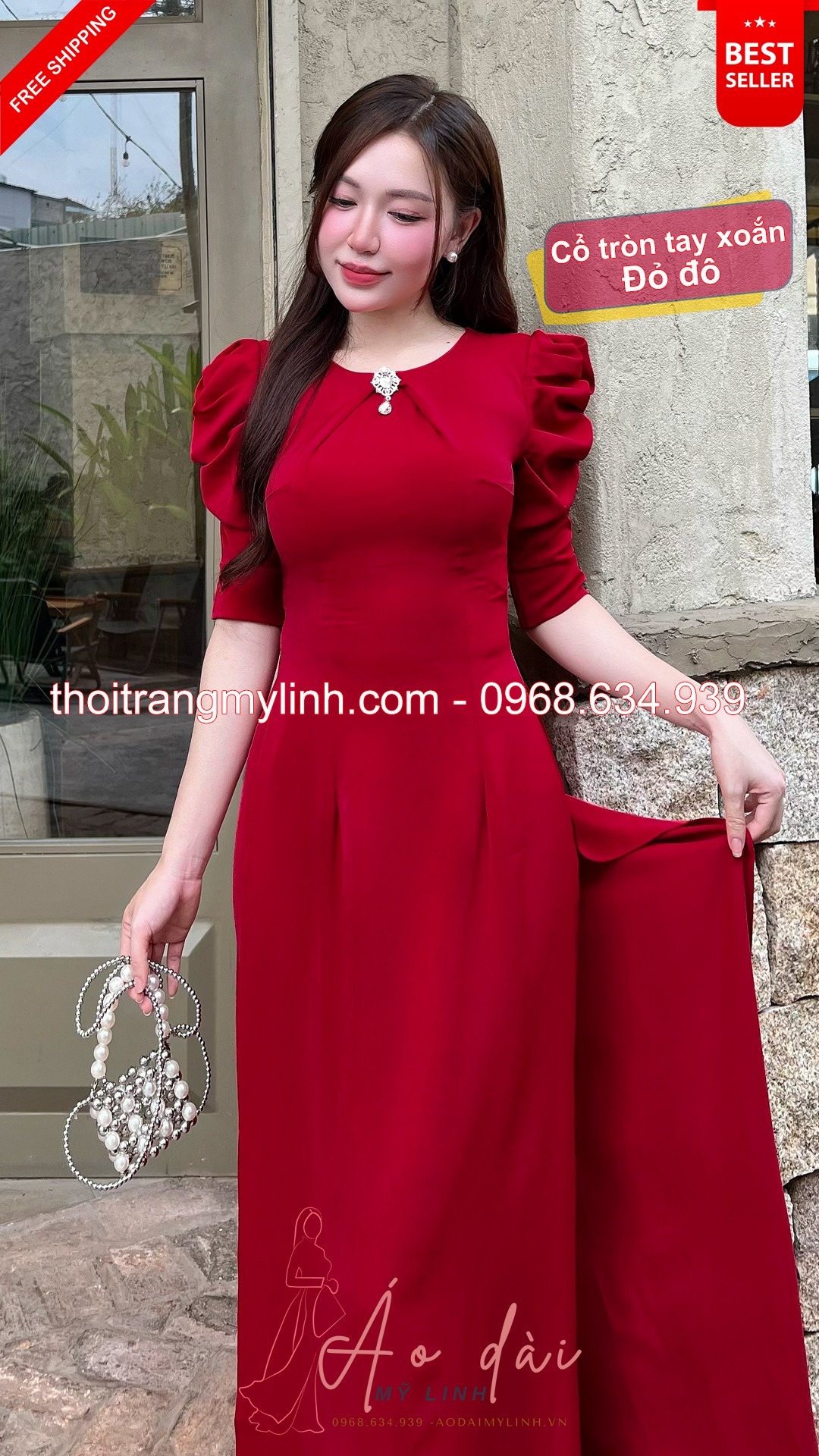 Bộ áo dài cổ tròn xếp li đính đá tay xoắn đỏ đô