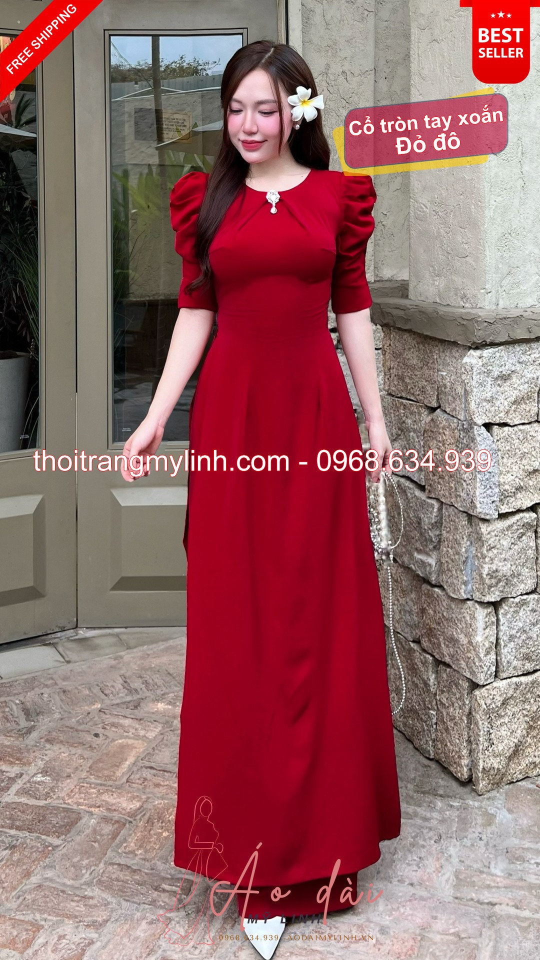 Bộ áo dài cổ tròn xếp li đính đá tay xoắn đỏ đô
