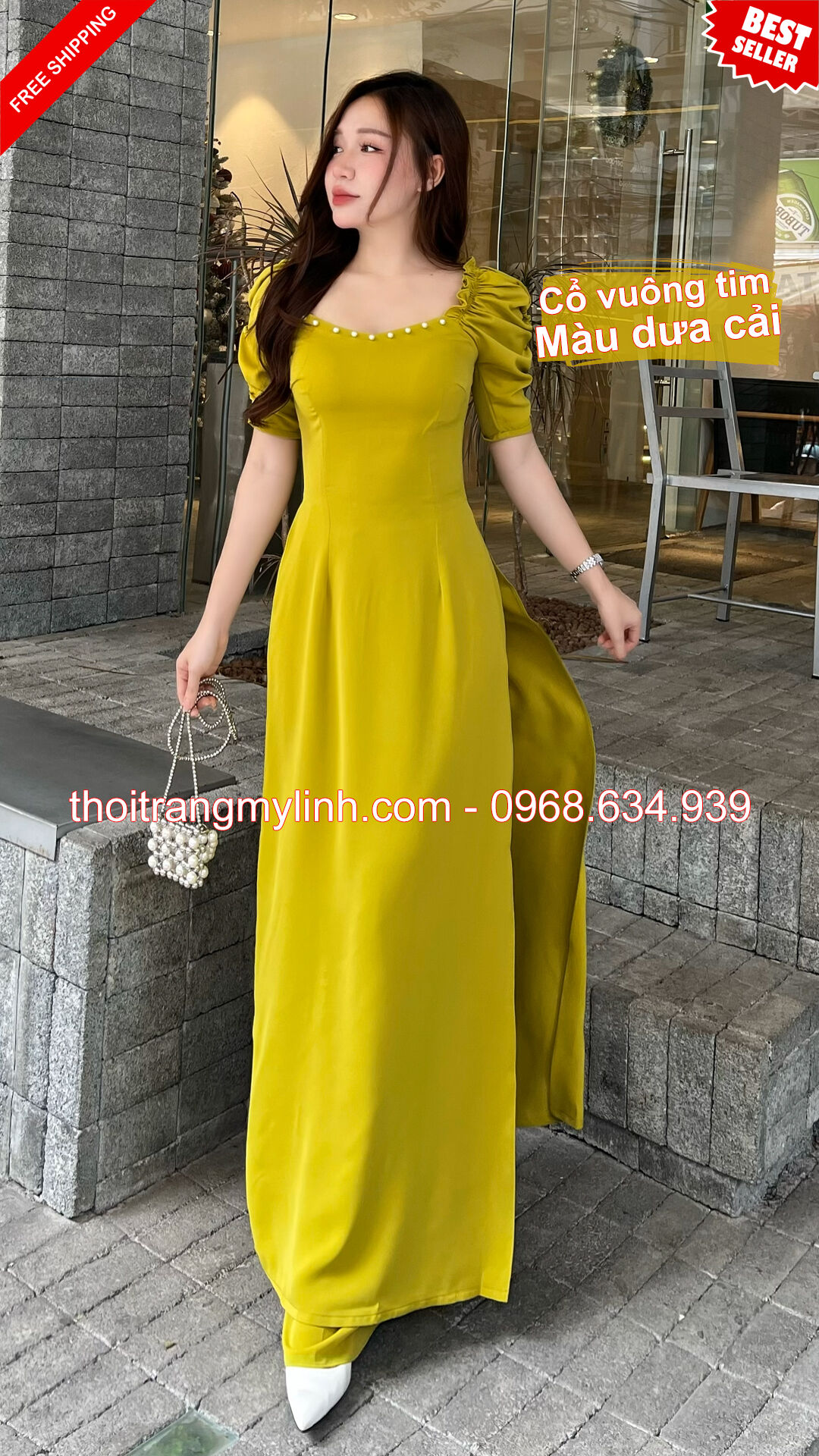 Bộ áo dài cổ tim bầu đính hạt tay dún màu dưa cải