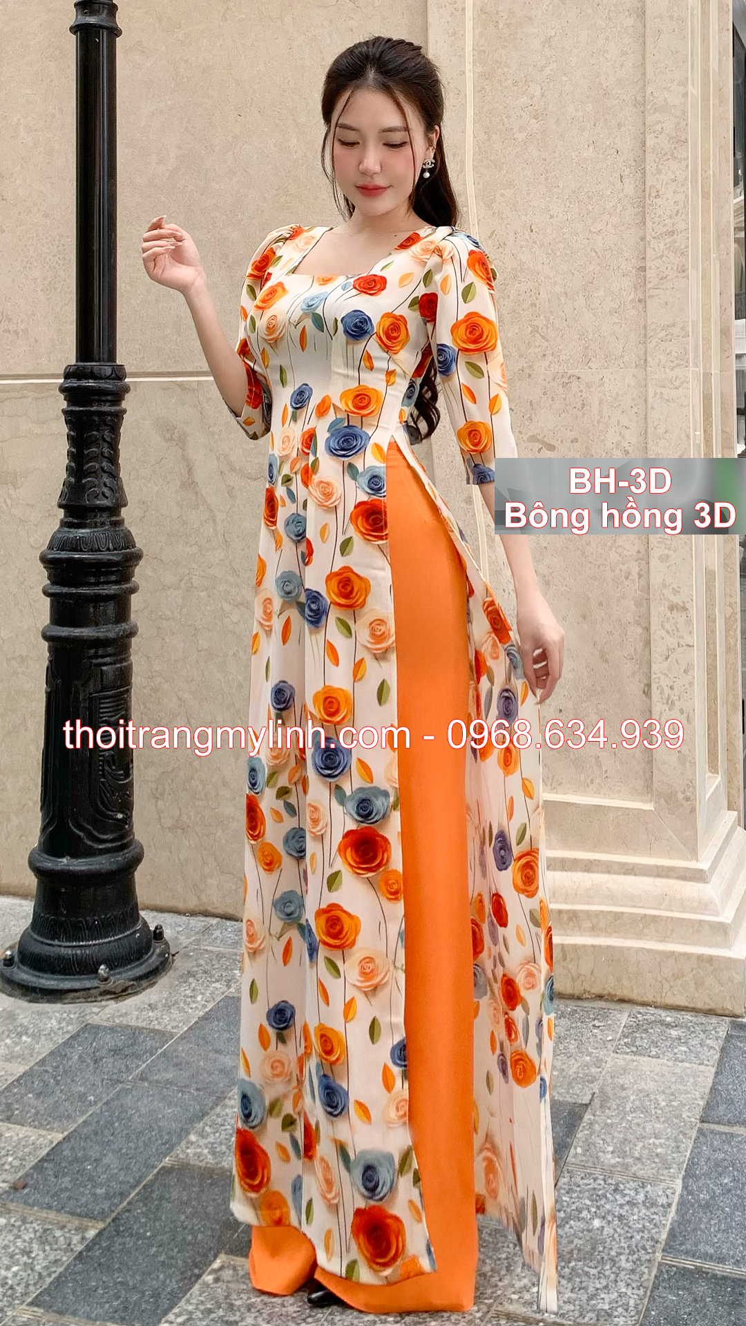 Bộ áo dài họa tiết hoa hồng 3D