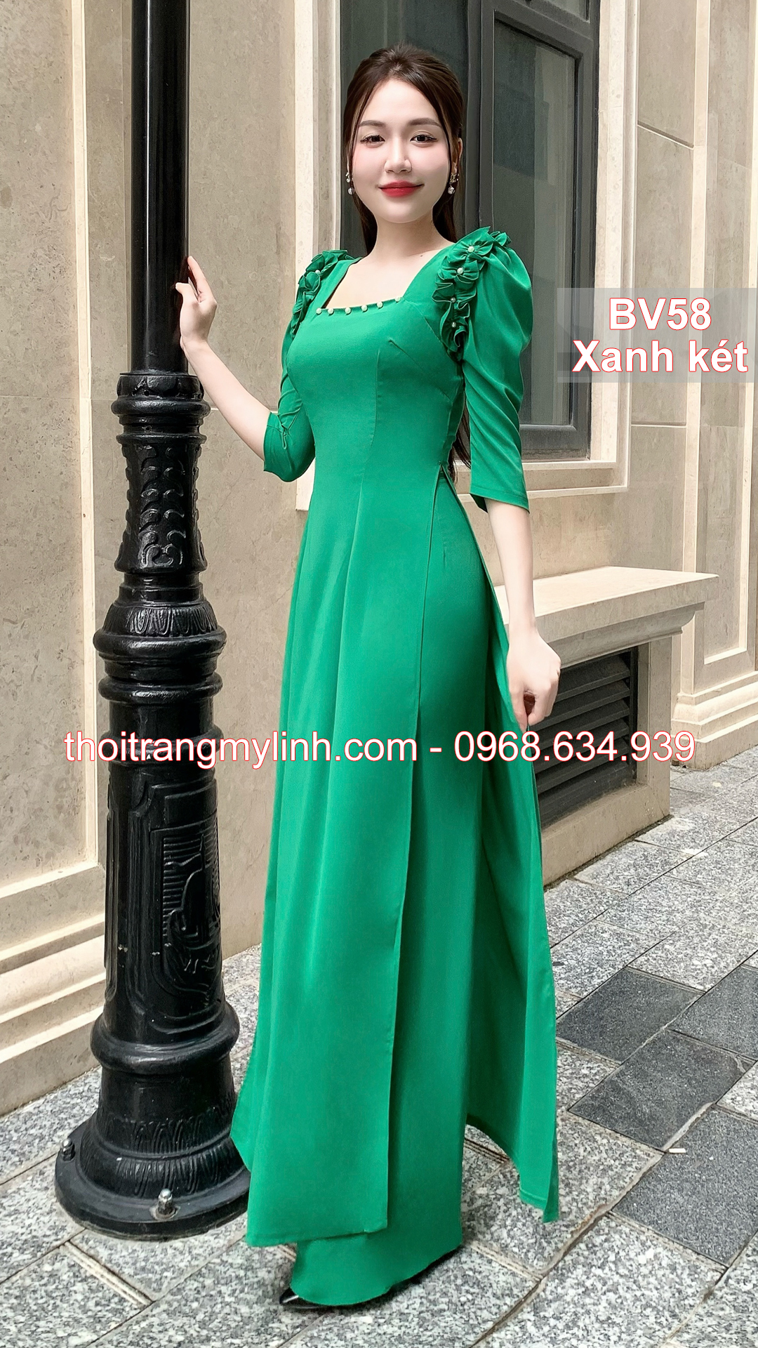 Bộ áo dài bèo vai đính hạt màu xanh két