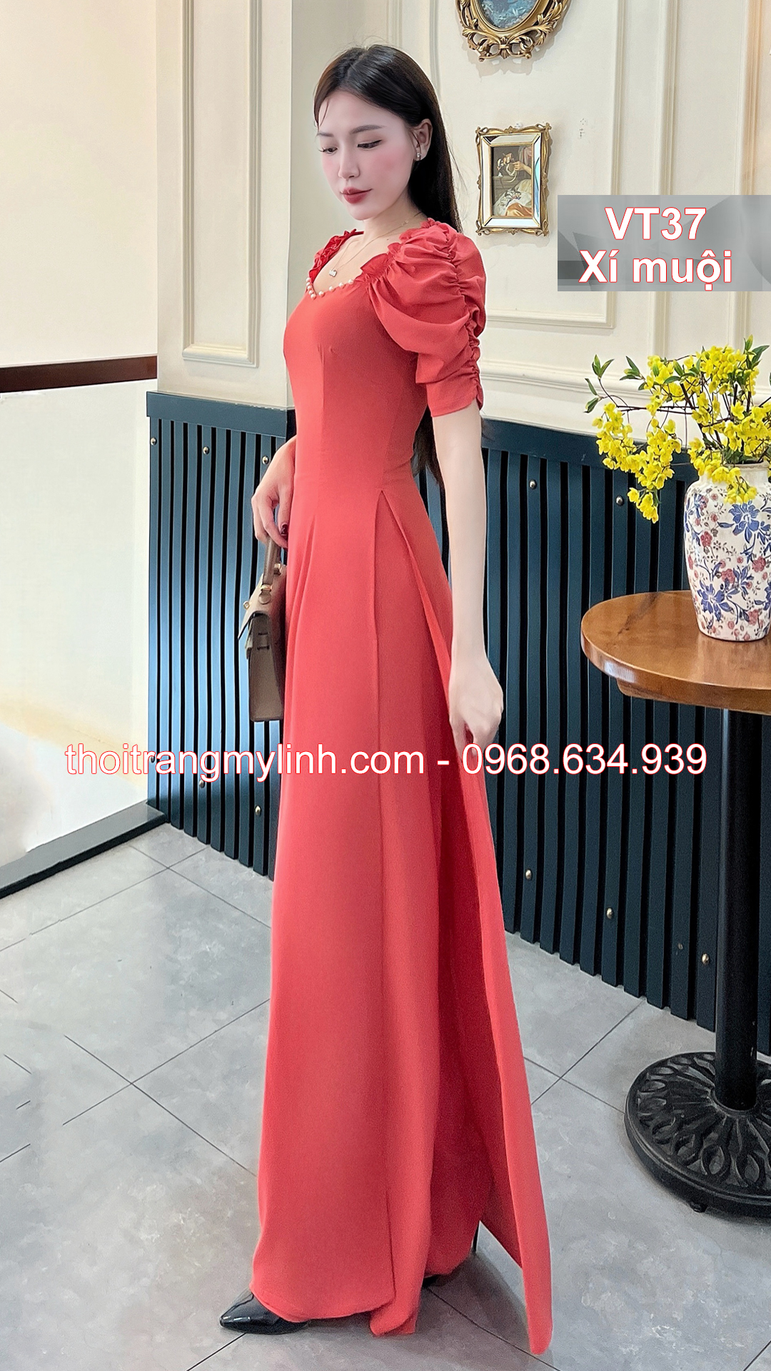 Bộ áo dài cổ tim bầu tay dún màu hồng xí muội