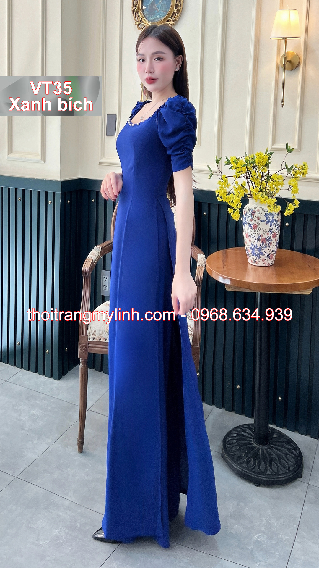 Bộ áo dài cổ tim bầu tay dún màu xanh bích