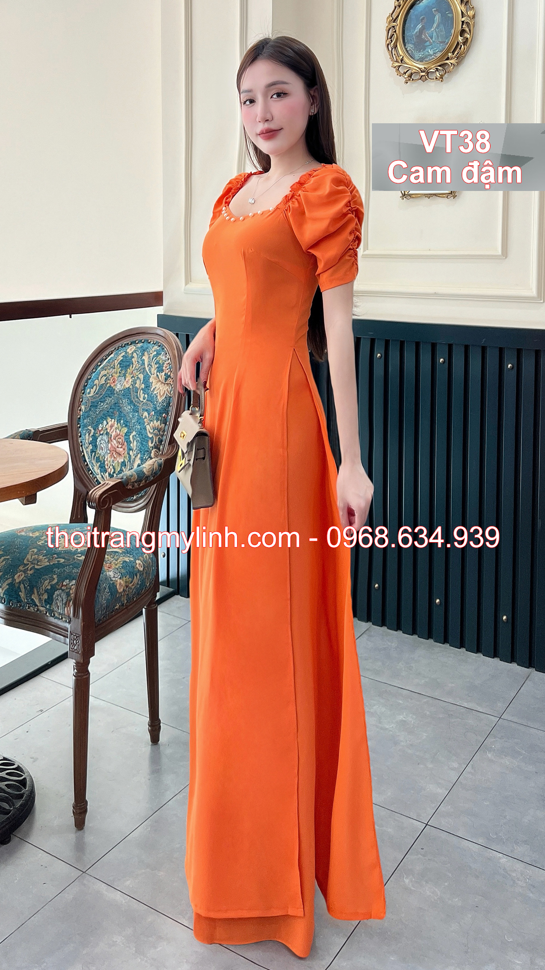Bộ áo dài cổ tim bầu tay dún màu cam đậm