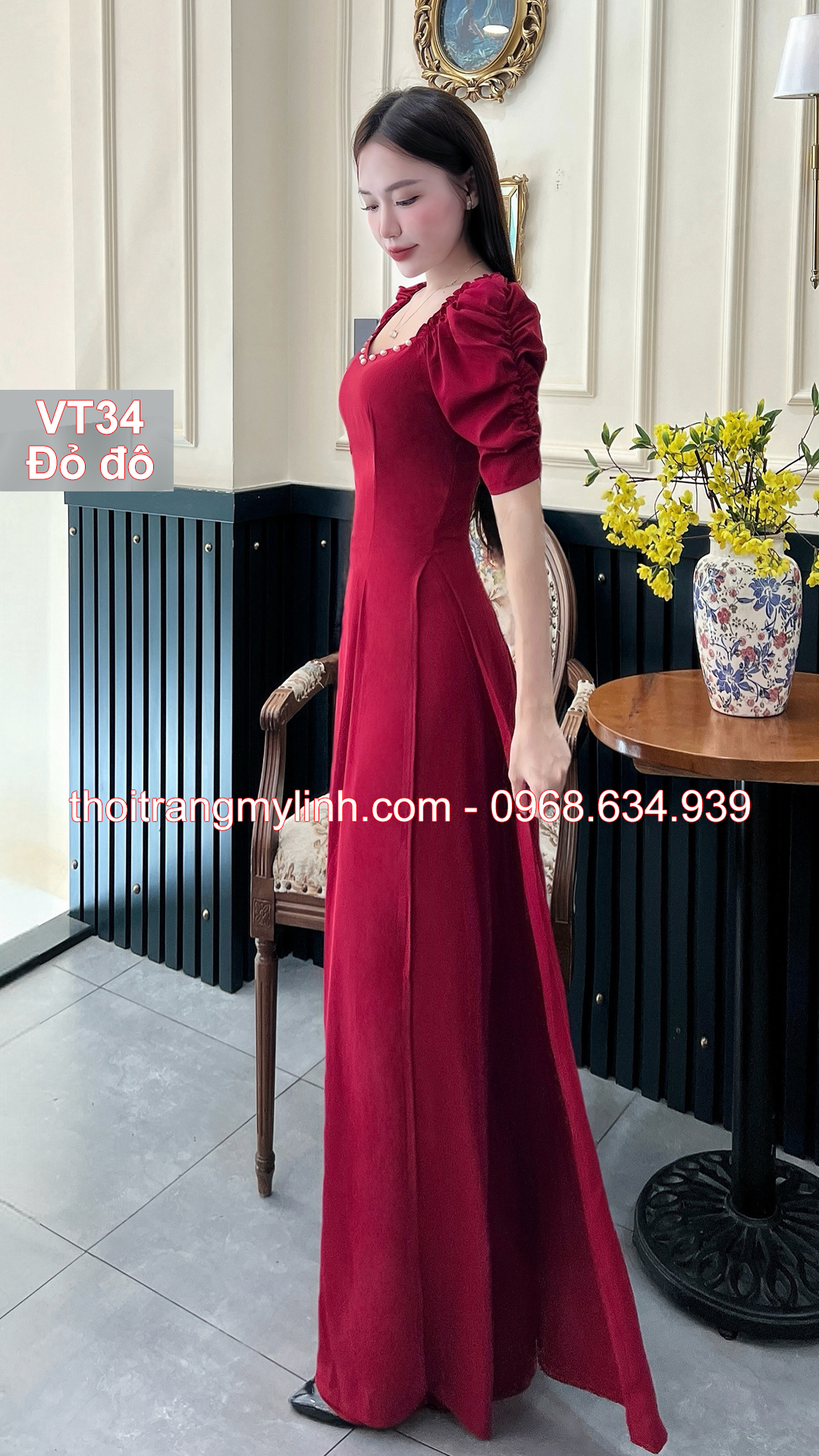 Bộ áo dài cổ tim bầu tay dún màu dỏ đô