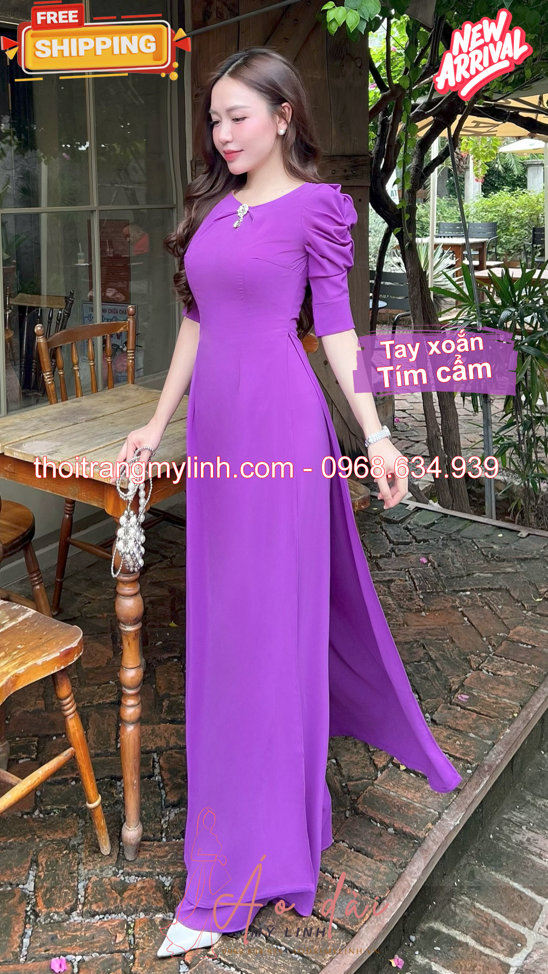 Bộ áo dài cổ tròn đính đã tay xoắn tím cẩm