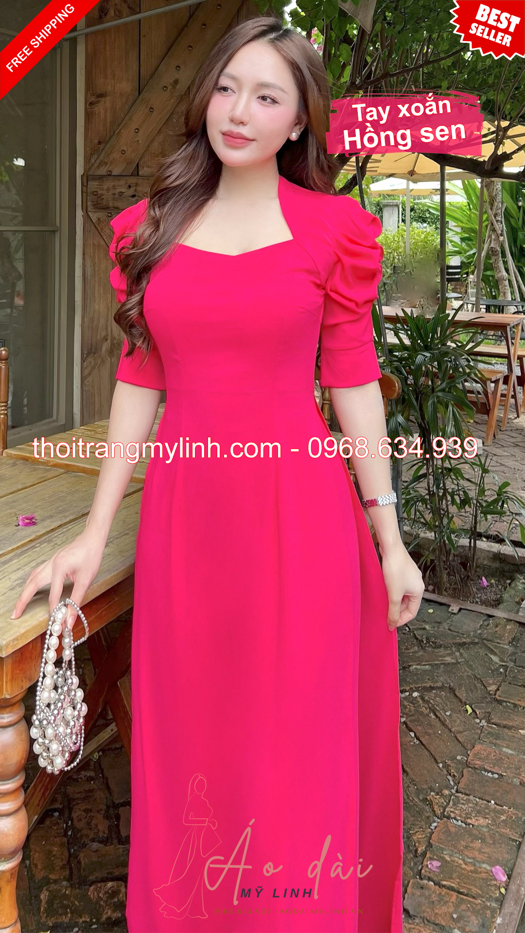 Bộ áo dài cổ nữ hoàng tay xoắn hồng sen