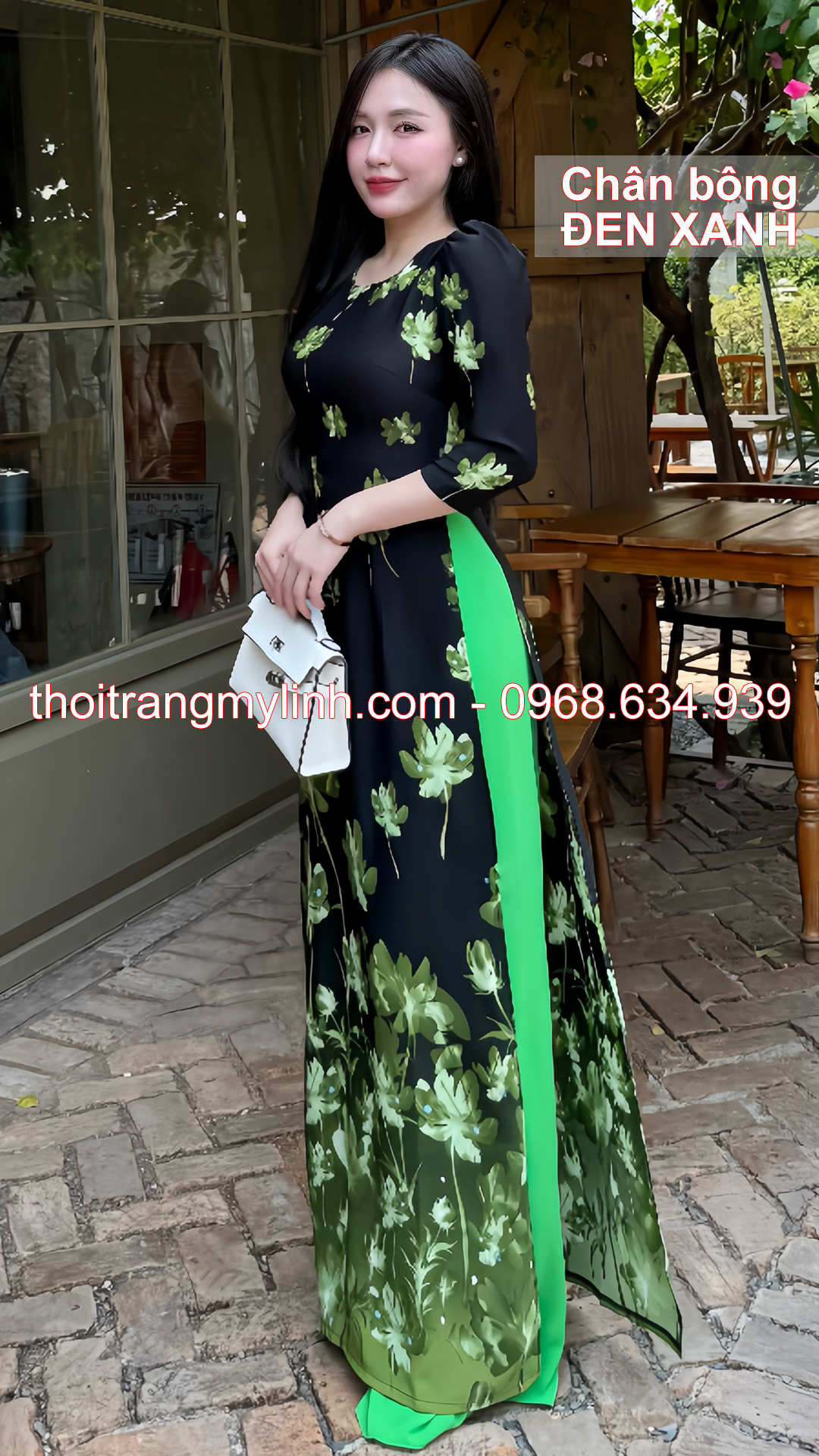 Áo dài cổ tròn họa tiết chân bông đen xanh