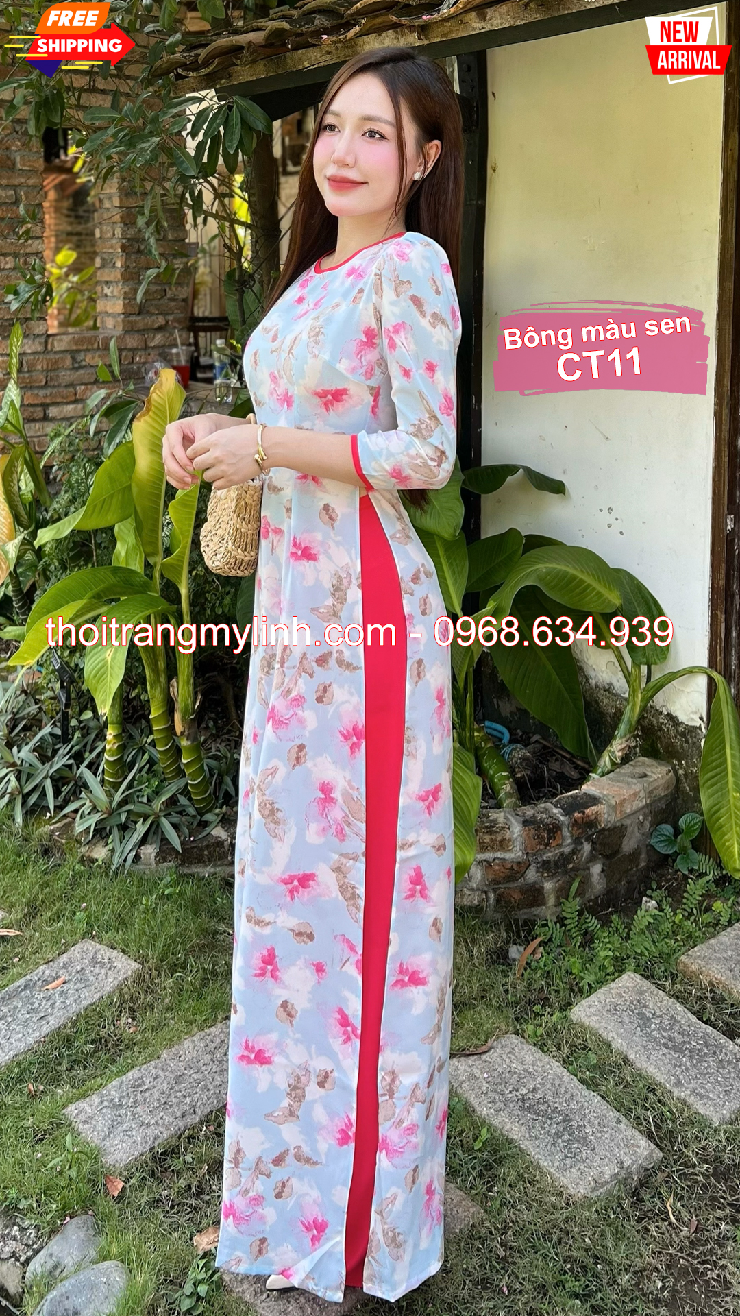 Áo dài cổ tròn họa tiết bông màu sen CT11