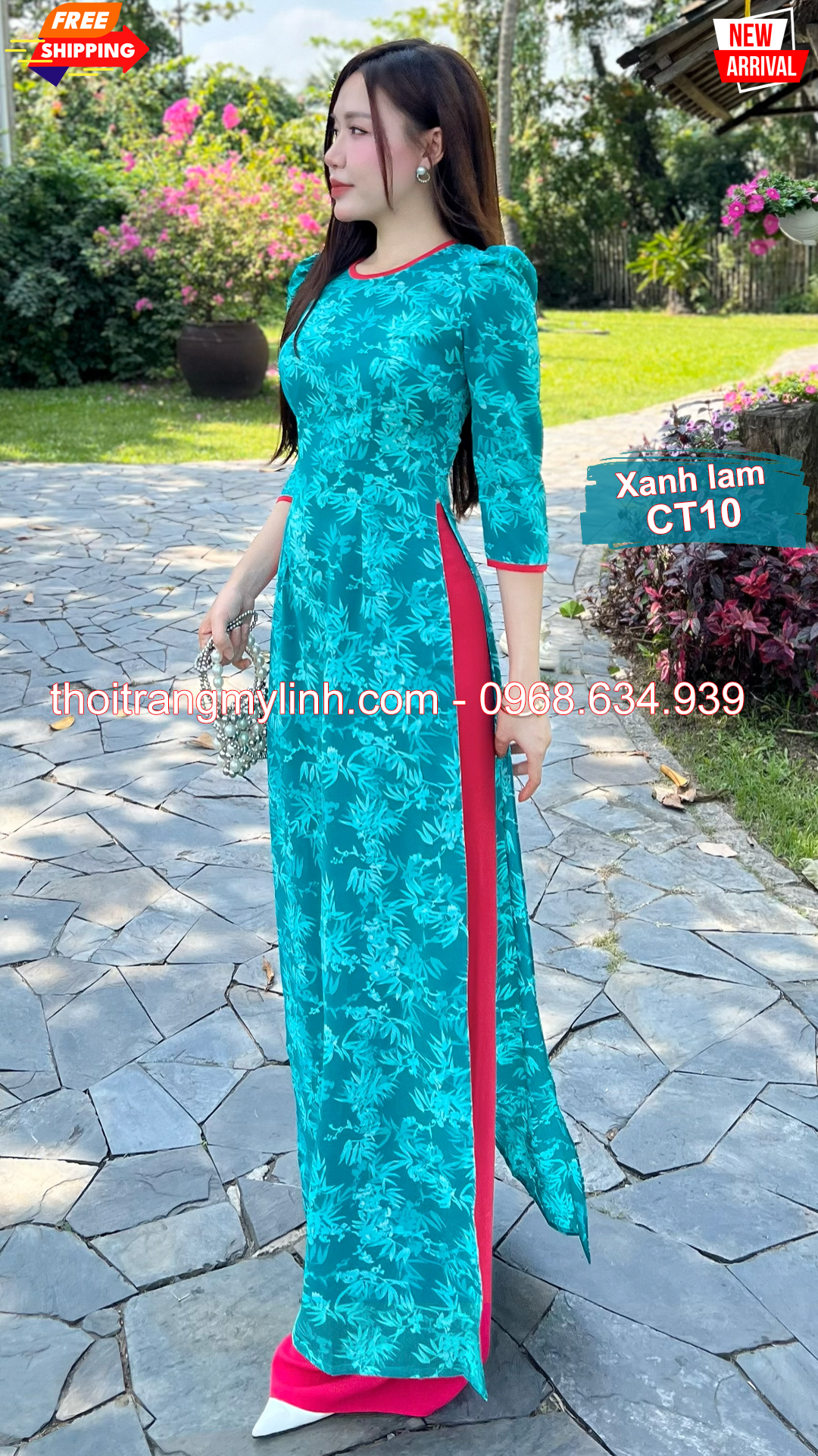 Áo dài cổ tròn họa tiết xanh lam CT10