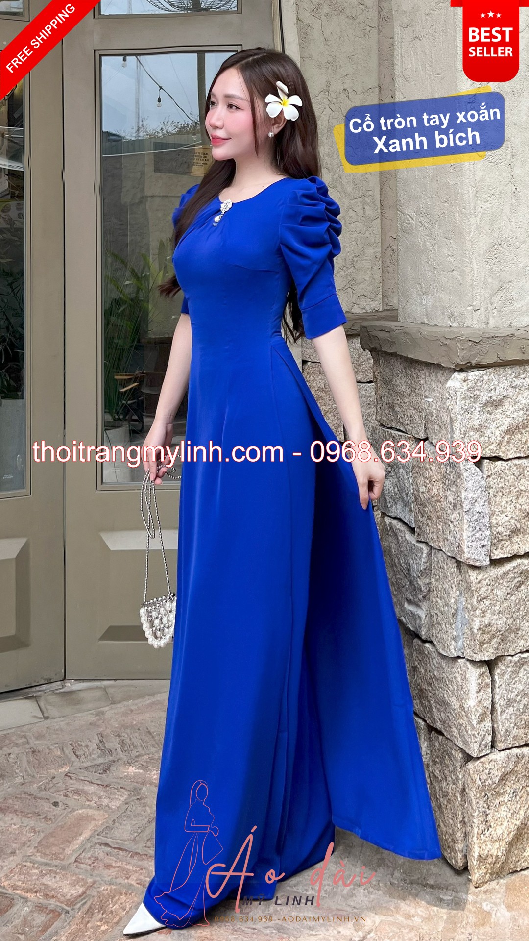 Bộ áo dài cổ tròn xếp li đính đá tay xoắn xanh bích