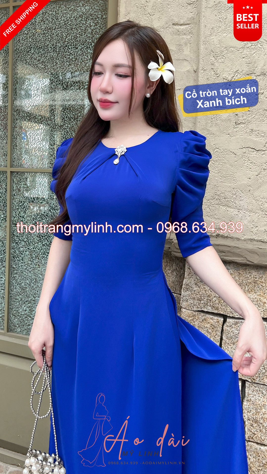 Bộ áo dài cổ tròn xếp li đính đá tay xoắn xanh bích