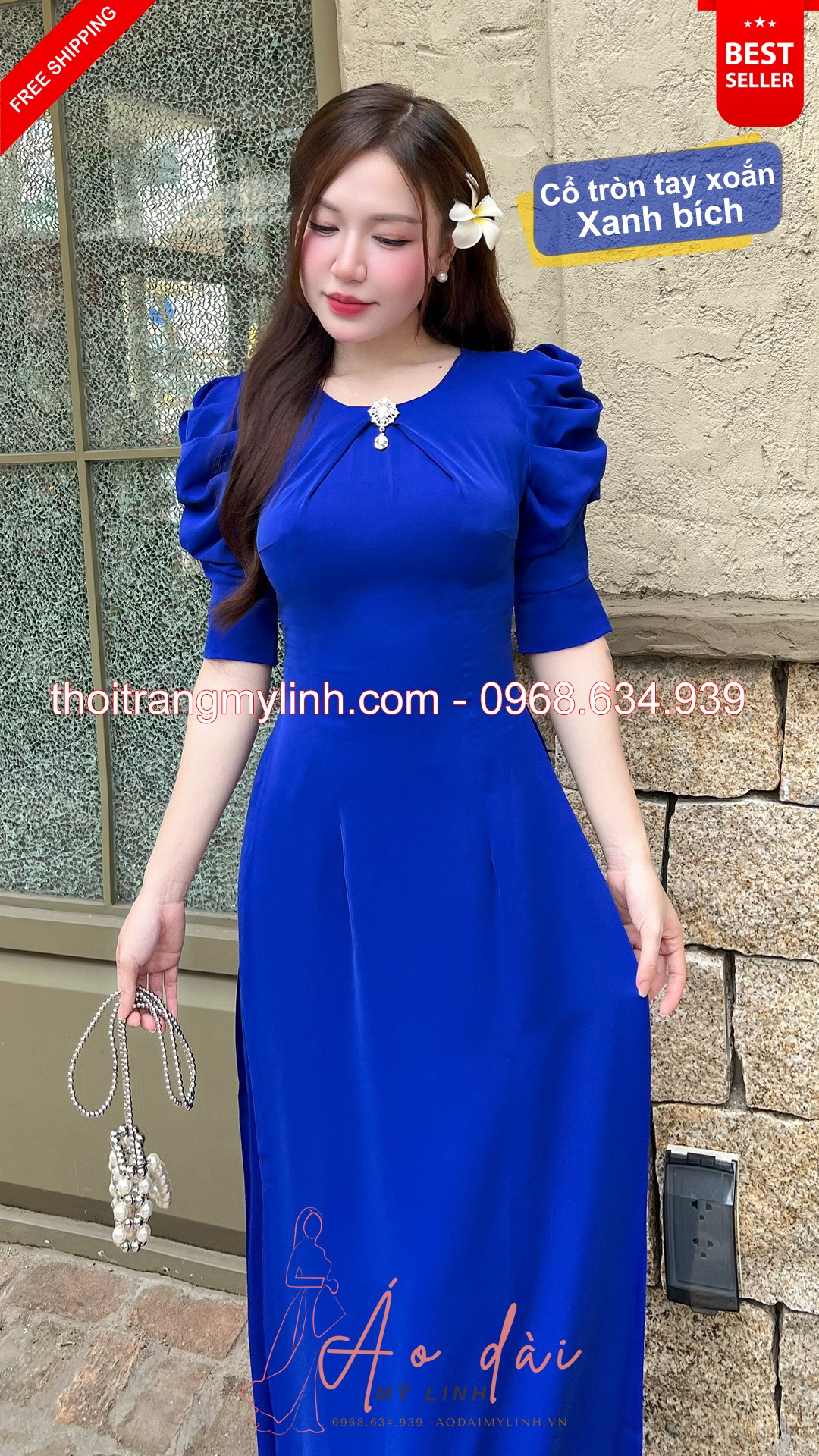 Bộ áo dài cổ tròn xếp li đính đá tay xoắn xanh bích