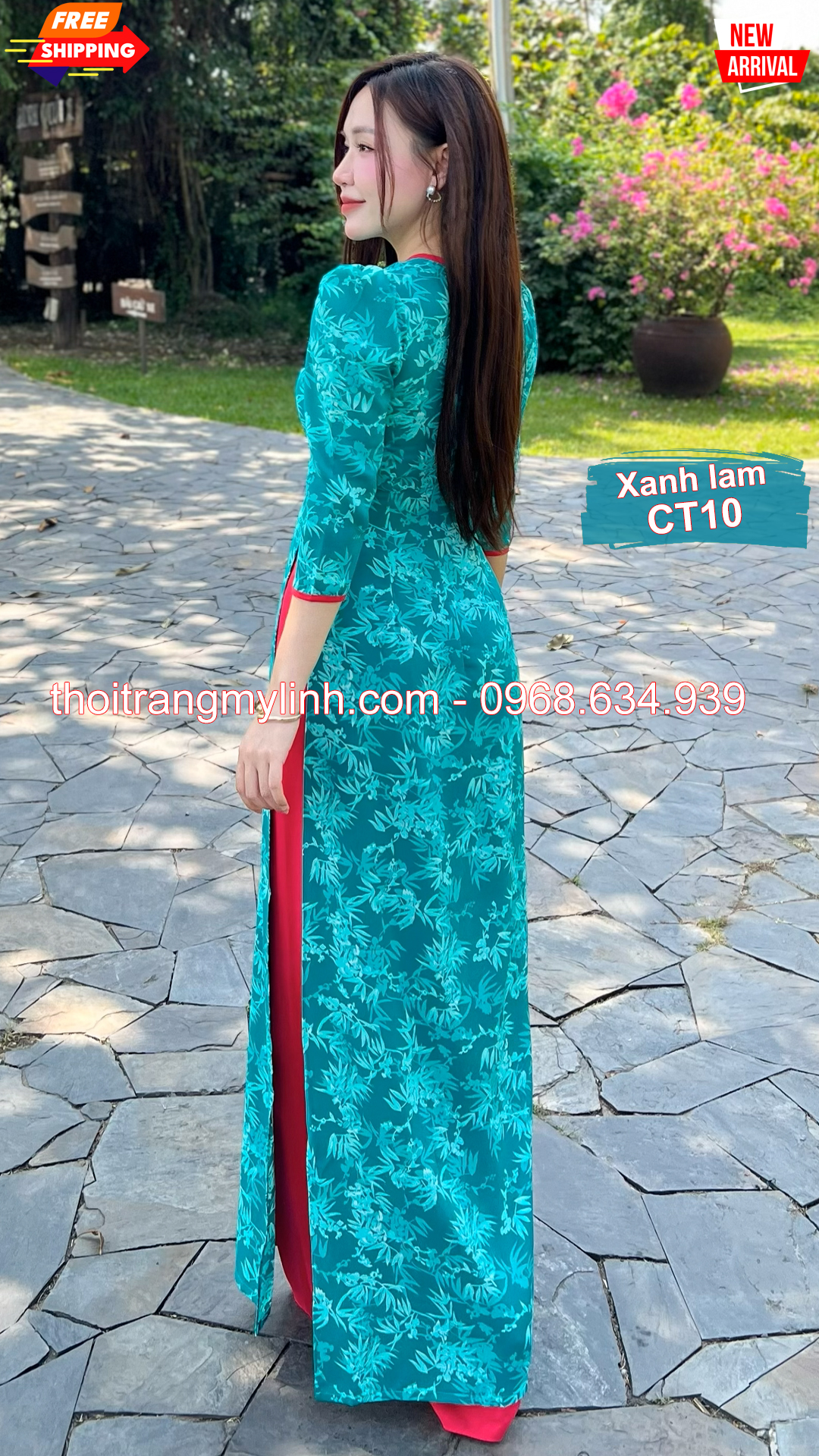 Áo dài cổ tròn họa tiết xanh lam CT10